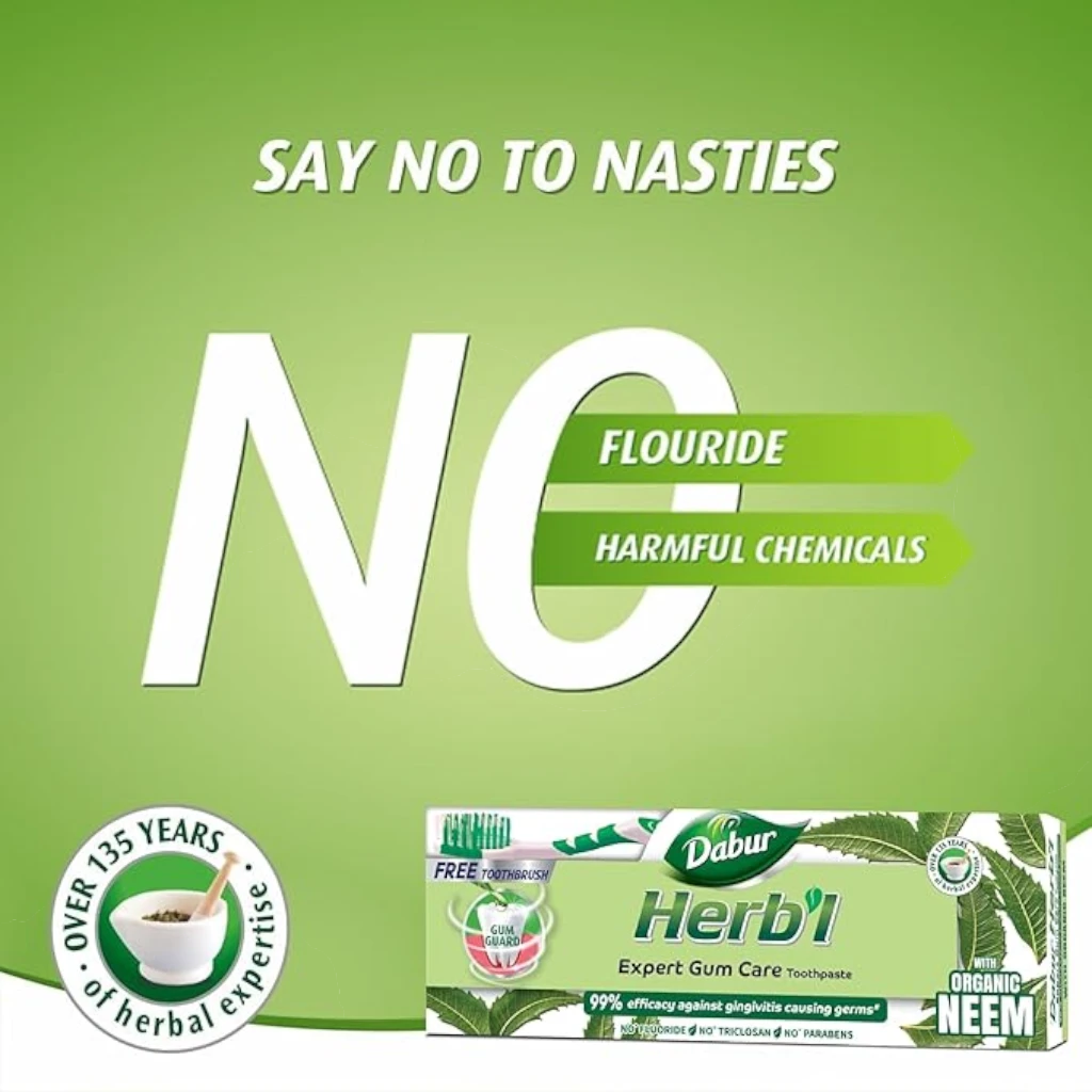 Dabur Herbal Neem Toothpaste with Natural Calcium – 150g + Free Toothbrush | Fluoride-Free Natural Toothpaste for Healthy Gums, Cavity Protection & Long-Lasting Fresh Breath - Damoo