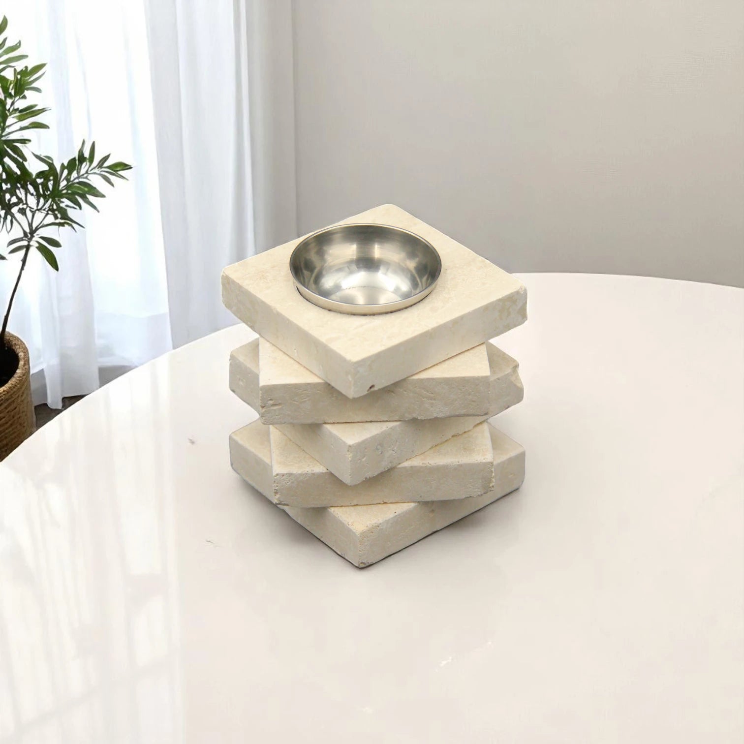 Damoo 3-Piece Natural Stone Incense Burner Set – Rectangular Tray, Ash Catcher, and Tower Diffuser with Metal Holder – Handcrafted Beige Marble Look" - Damoo