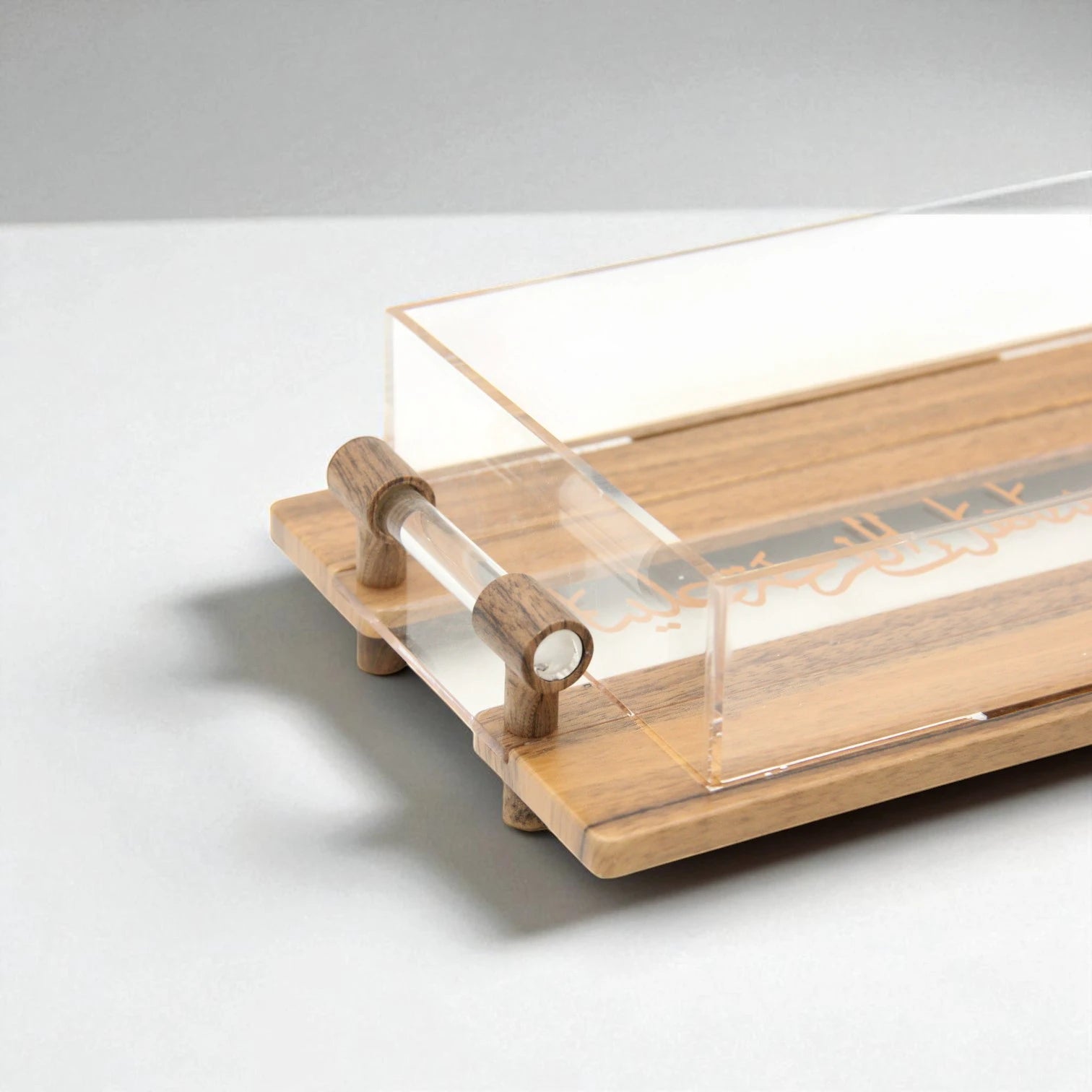 Damoo Acrylic & Wood Candy Box with Dual Compartments and Arabic Calligraphy – Covered Serving Box with Handle Tray - Damoo