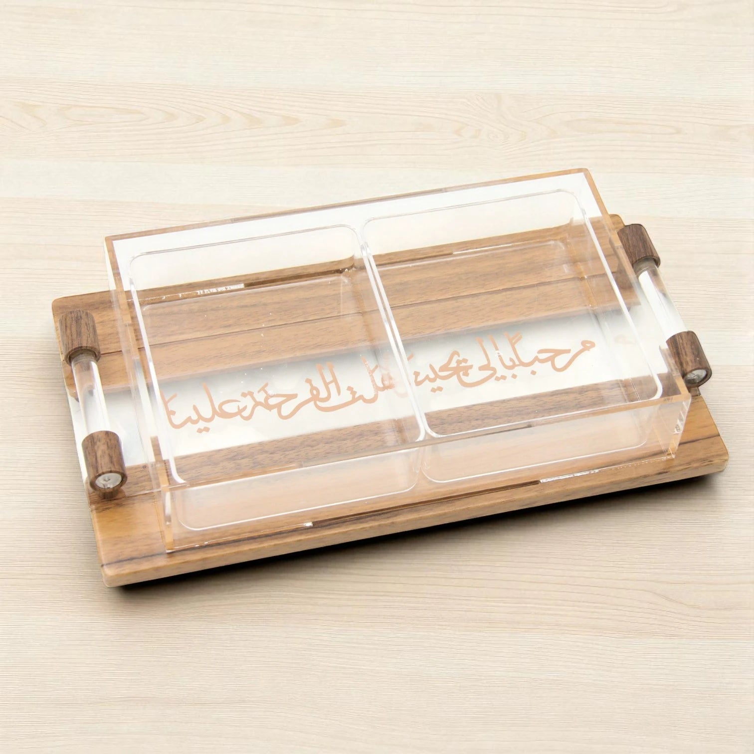 Damoo Acrylic & Wood Candy Box with Dual Compartments and Arabic Calligraphy – Covered Serving Box with Handle Tray - Damoo