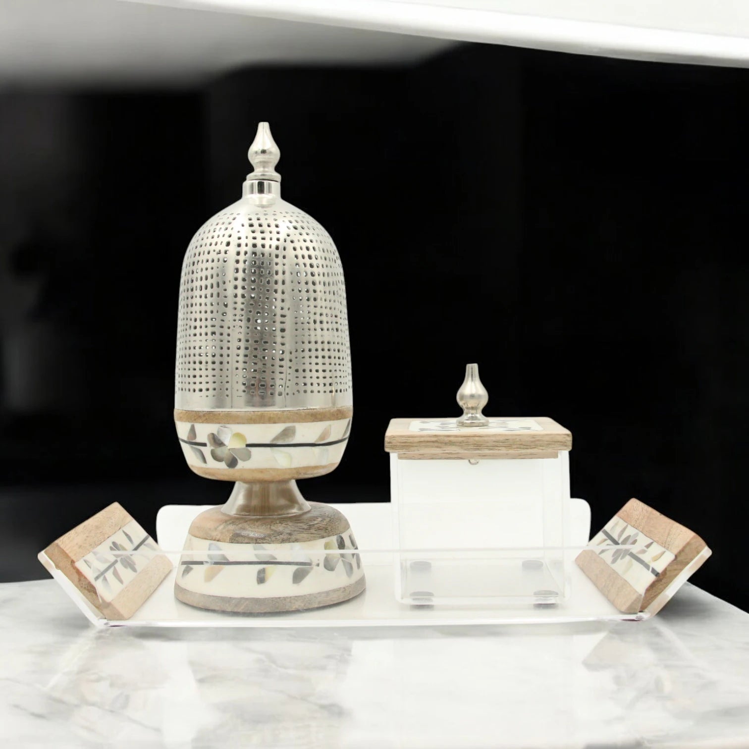 Damoo Arabic-Inspired Luxury Incense Burner Set with Floral Wood – Includes Decorative Metal Mabkhara & Clear Storage Box with Wooden Lid for Oud, Bukhoor - Damoo