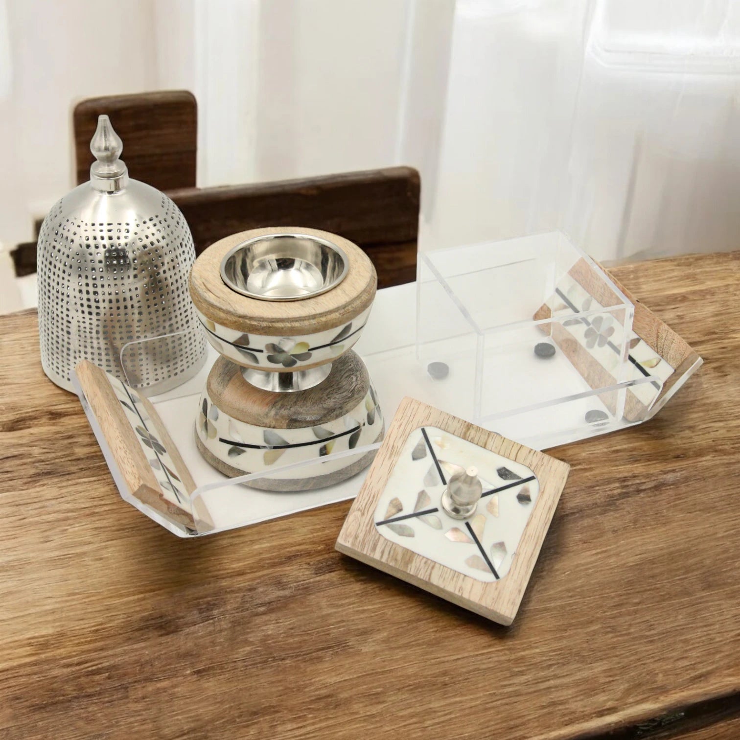 Damoo Arabic-Inspired Luxury Incense Burner Set with Floral Wood – Includes Decorative Metal Mabkhara & Clear Storage Box with Wooden Lid for Oud, Bukhoor - Damoo
