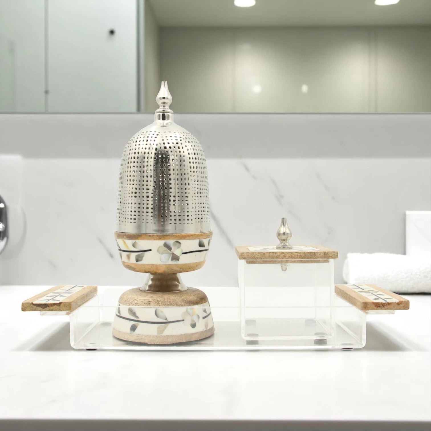 Damoo Arabic-Inspired Luxury Incense Burner Set with Floral Wood – Includes Decorative Metal Mabkhara & Clear Storage Box with Wooden Lid for Oud, Bukhoor - Damoo