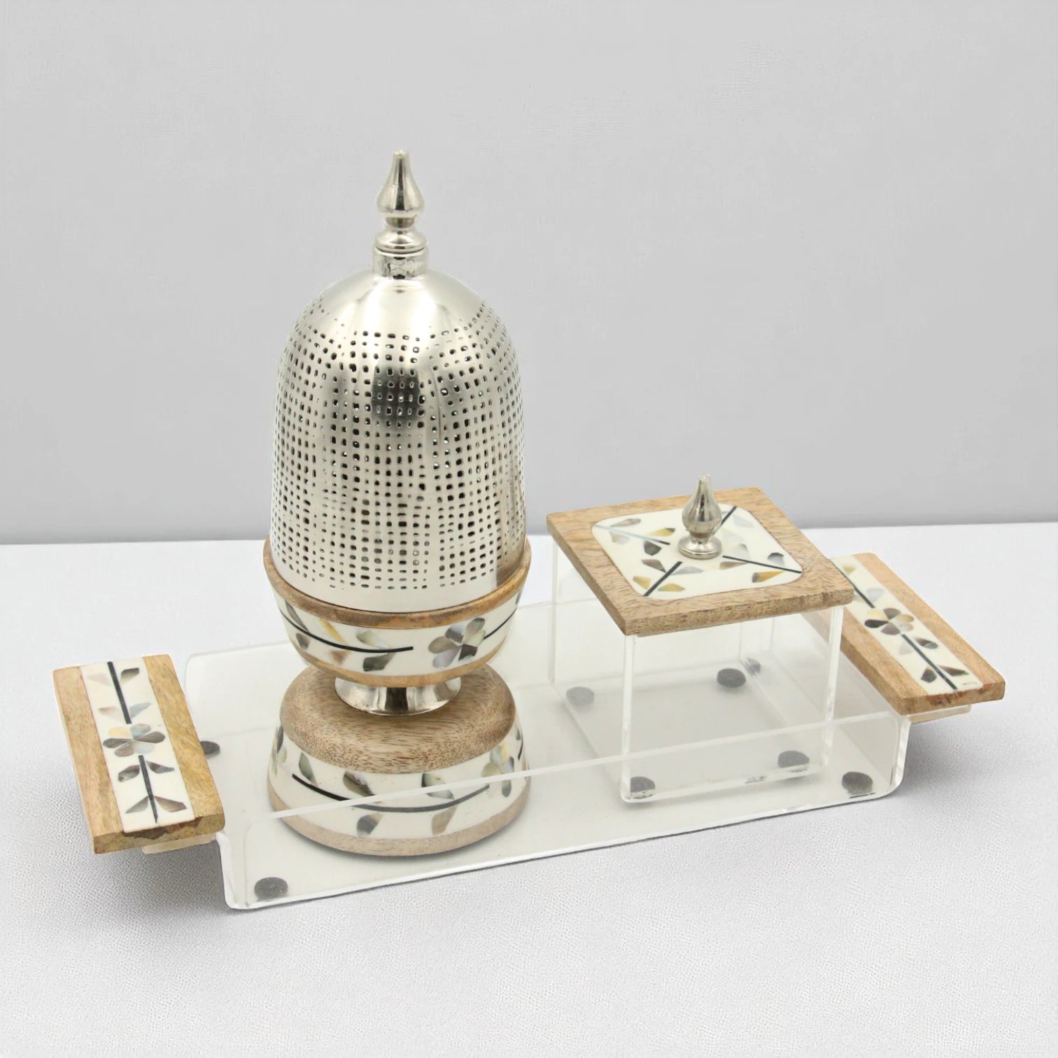 Damoo Arabic-Inspired Luxury Incense Burner Set with Floral Wood – Includes Decorative Metal Mabkhara & Clear Storage Box with Wooden Lid for Oud, Bukhoor - Damoo