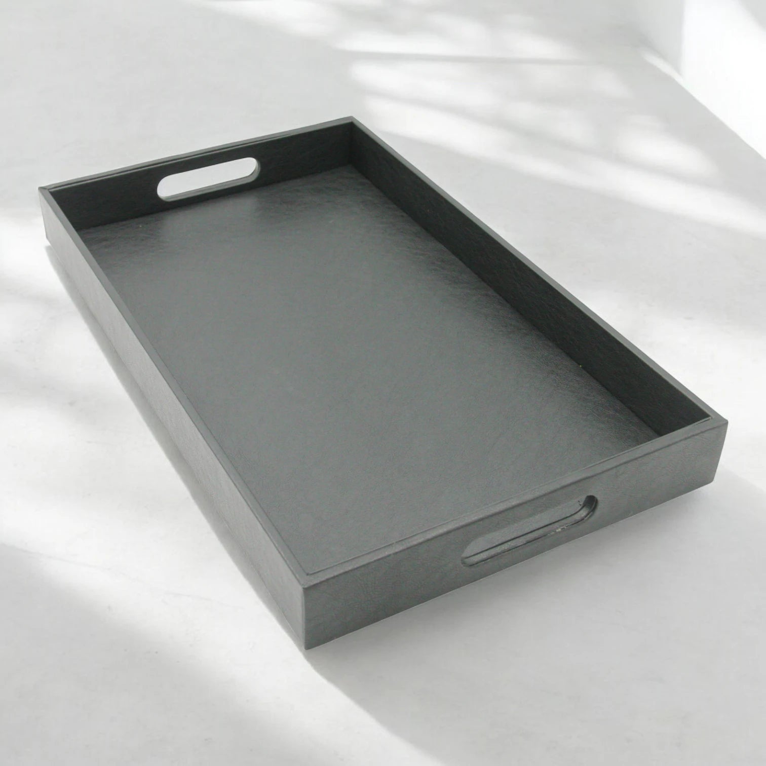 Damoo Black Faux Leather Serving Tray with Handles – Rectangular Organizer Tray for Kitchen, Office, Coffee Table, or Bathroom - Damoo
