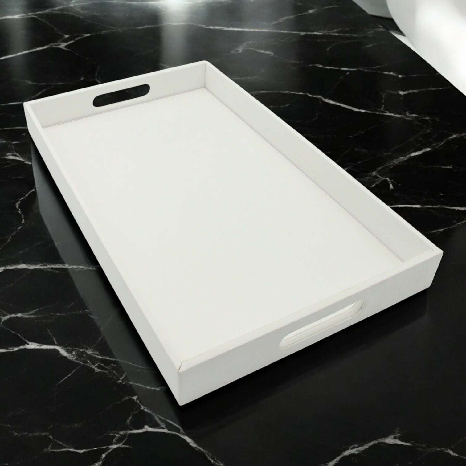 Damoo Black Faux Leather Serving Tray with Handles – Rectangular Organizer Tray for Kitchen, Office, Coffee Table, or Bathroom - Damoo
