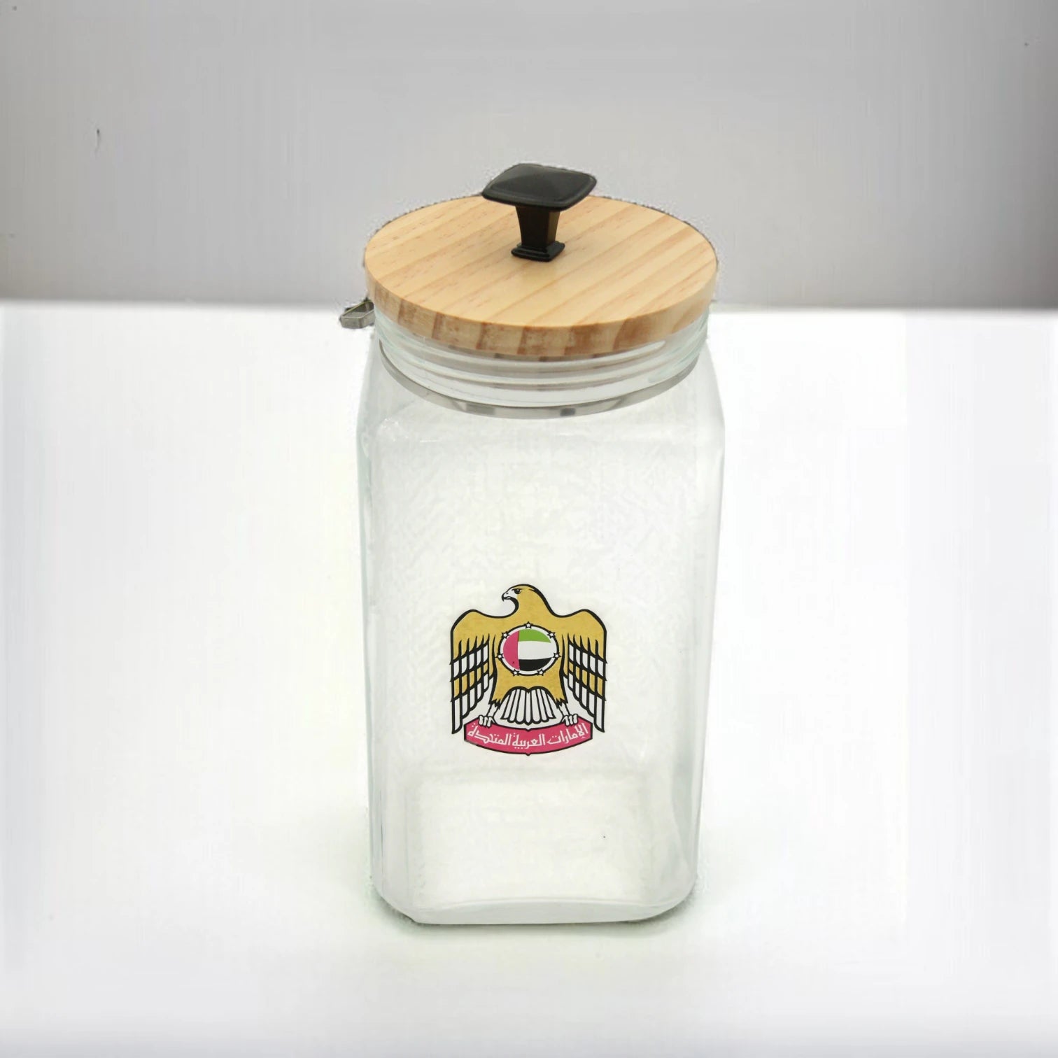 Damoo Ceramic Storage Jar with UAE Emblem – Airtight Wooden Lid & Metal Handle – Decorative Kitchen or Office Canister - Damoo