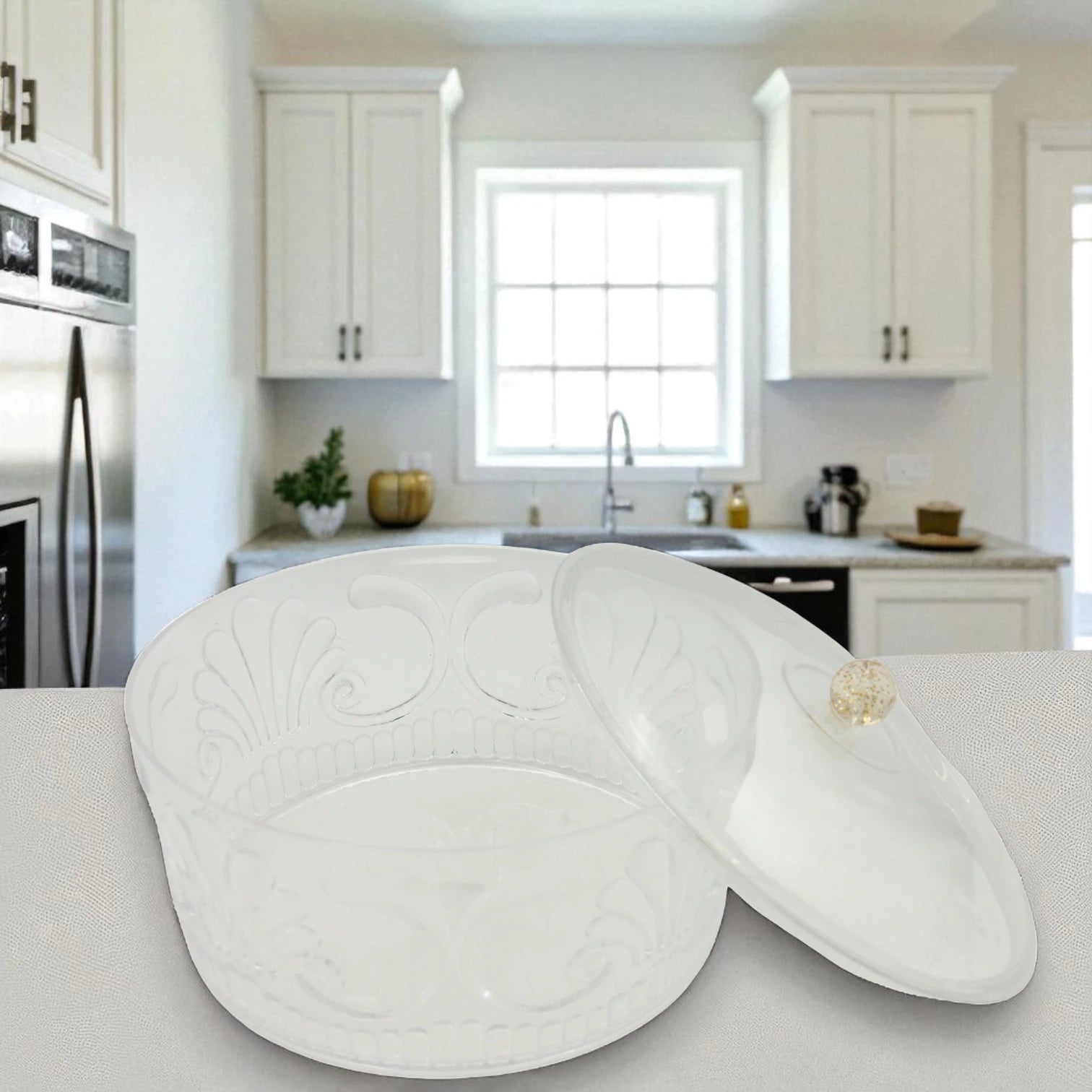 Damoo Classic Embossed Acrylic Serving Bowl with Lid – Round Decorative Container with Elegant Clear Floral Pattern & Golden Knob – Ideal for Sweets, Dry Fruits, Snacks, or Storage - Damoo