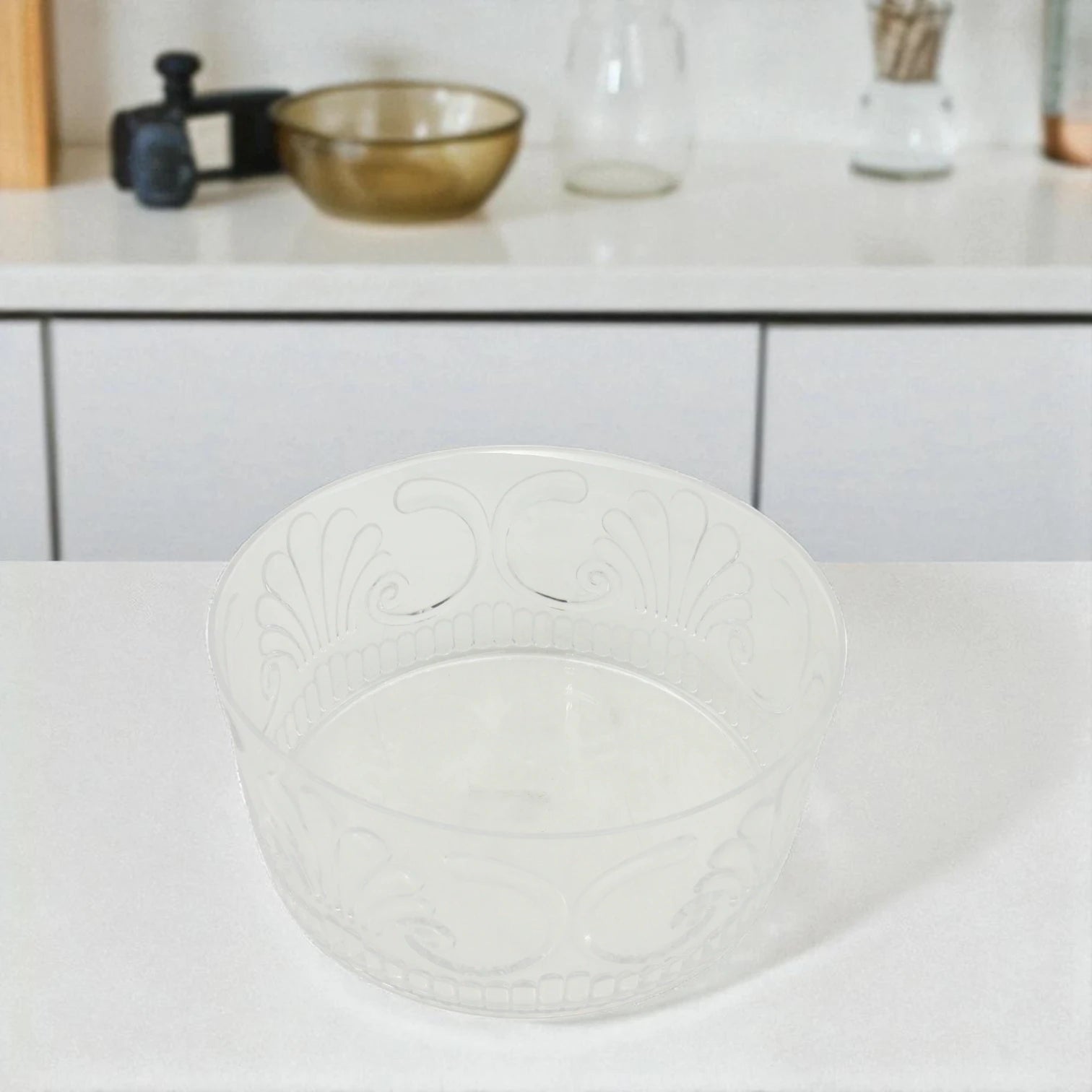 Damoo Classic Embossed Acrylic Serving Bowl with Lid – Round Decorative Container with Elegant Clear Floral Pattern & Golden Knob – Ideal for Sweets, Dry Fruits, Snacks, or Storage - Damoo