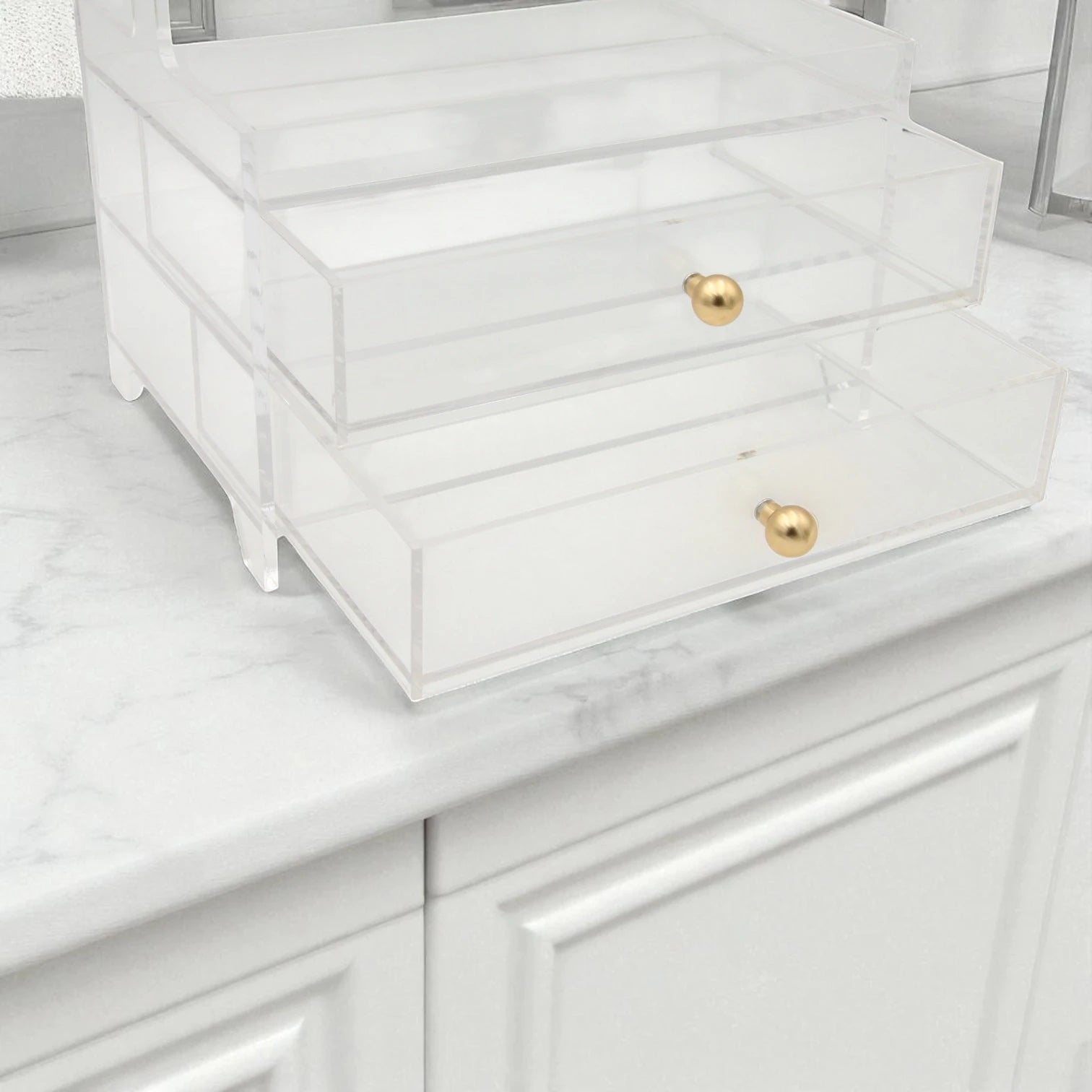 Damoo Clear Acrylic Organizer Tray with 2 Drawers and Gold Handles – Elegant Storage Box for Makeup, Jewelry, Office & Vanity – Transparent Display Case for Home or Salon Use - Damoo