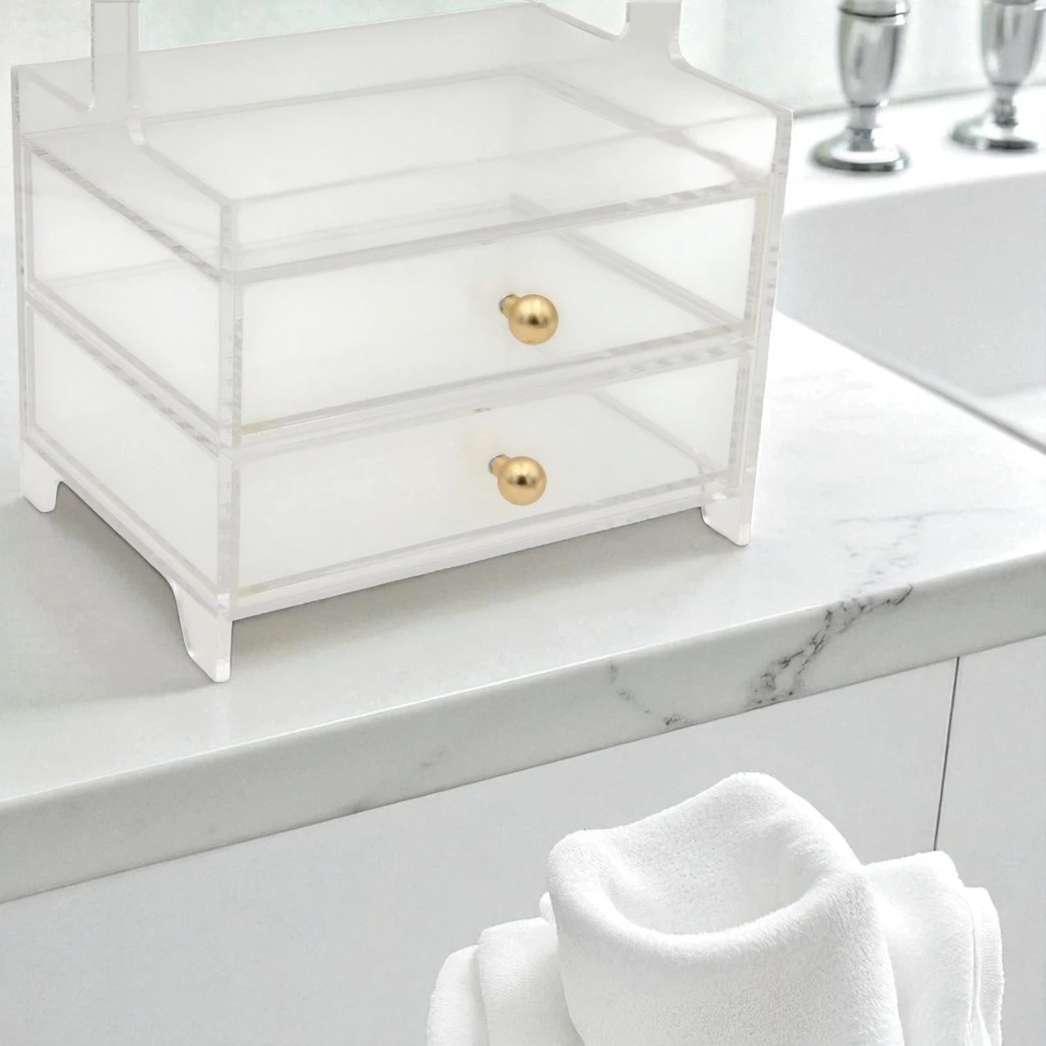 Damoo Clear Acrylic Organizer Tray with 2 Drawers & Gold Handles – Elegant Storage for Makeup, Jewelry & Vanity Décor - Damoo