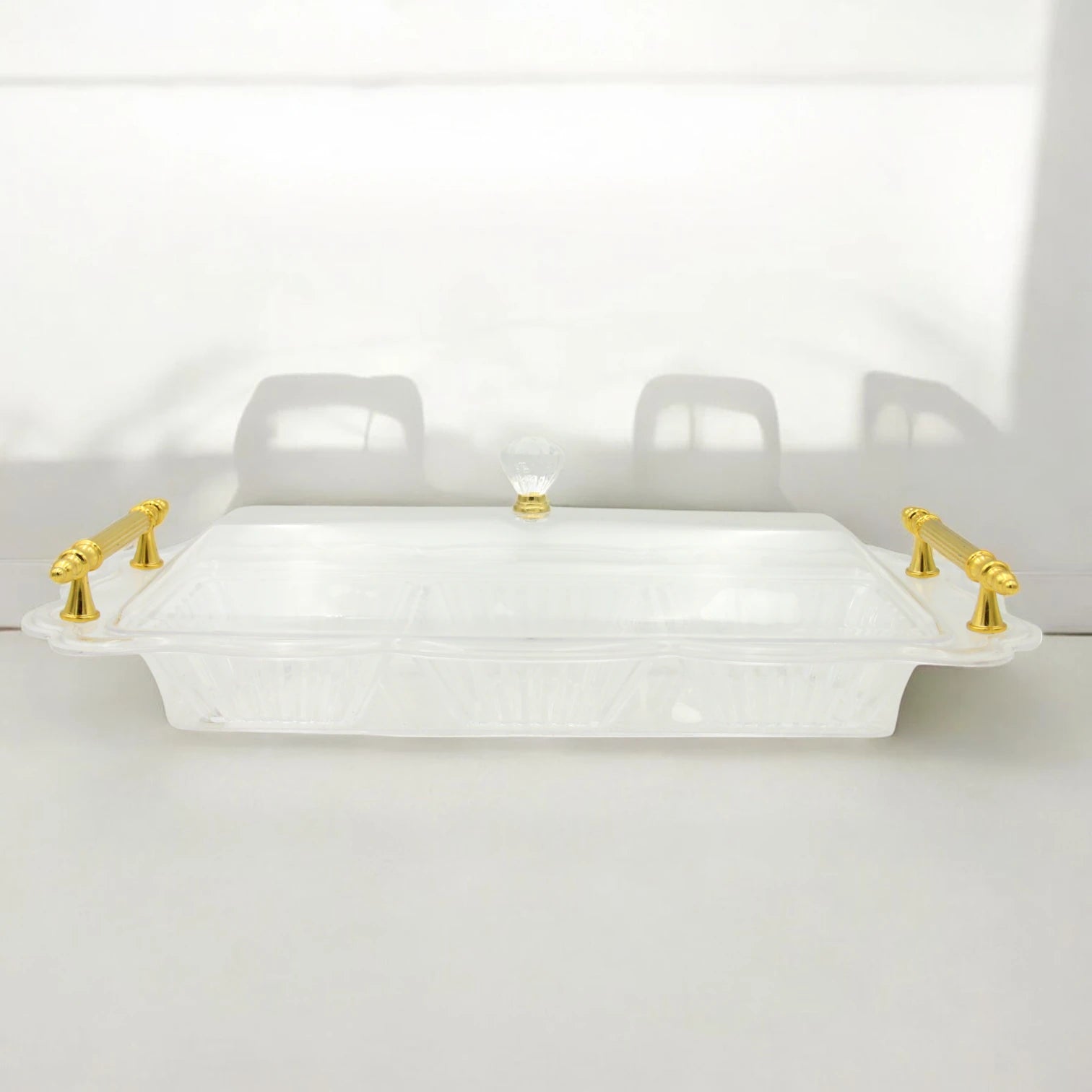 Damoo Clear Acrylic Snack Tray with Lid and 3 Sections – Elegant Serving Dish with Gold Handles for Sweets, Nuts, and Dates - Damoo