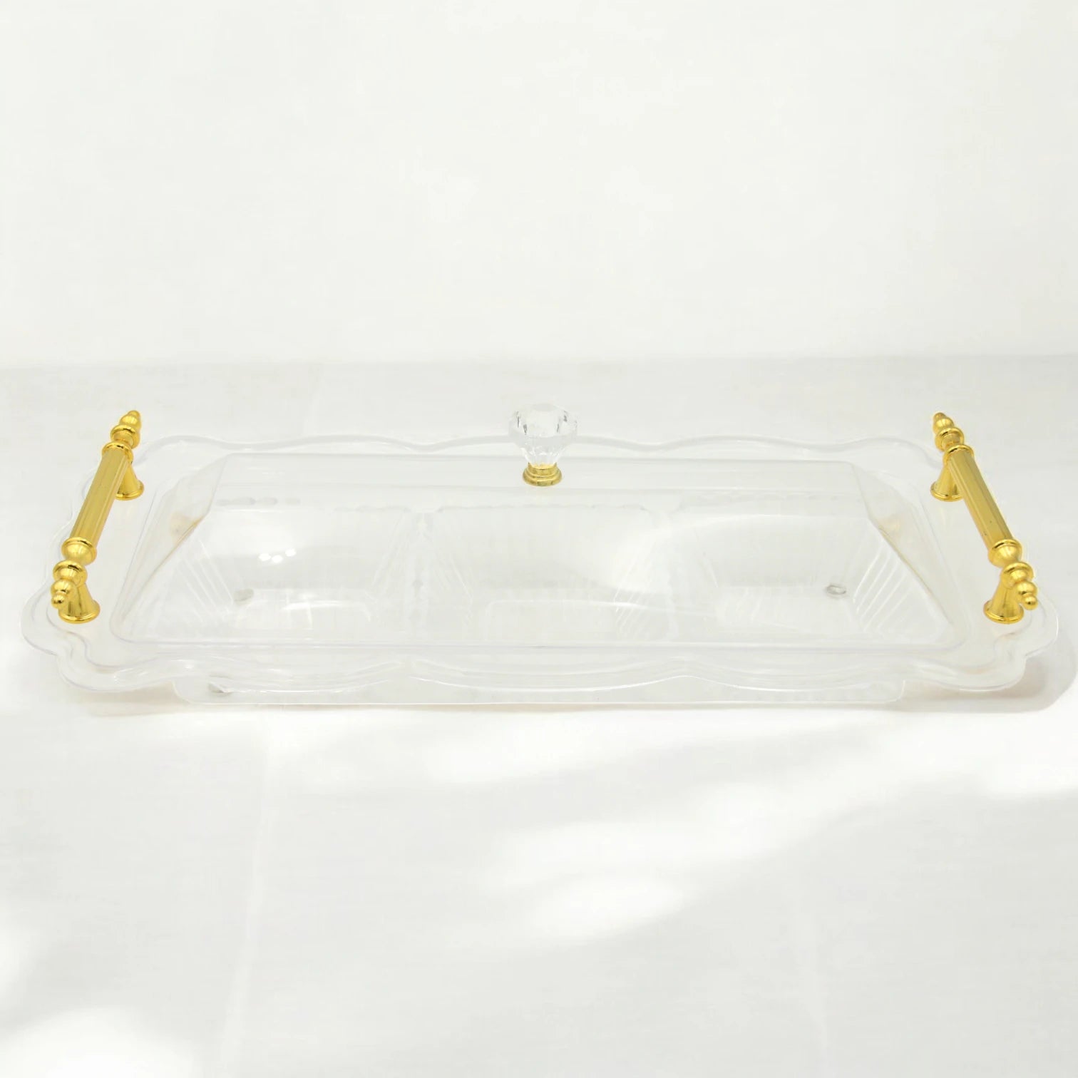 Damoo Clear Acrylic Snack Tray with Lid and 3 Sections – Elegant Serving Dish with Gold Handles for Sweets, Nuts, and Dates - Damoo