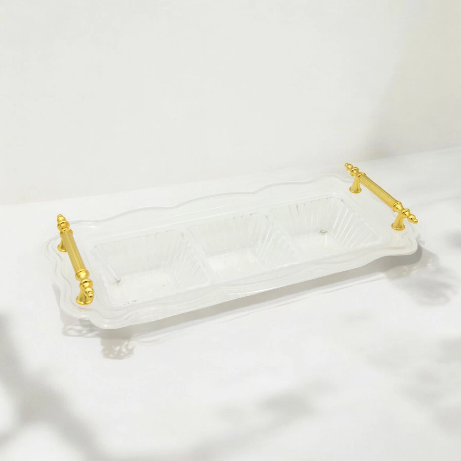 Damoo Clear Acrylic Snack Tray with Lid and 3 Sections – Elegant Serving Dish with Gold Handles for Sweets, Nuts, and Dates - Damoo