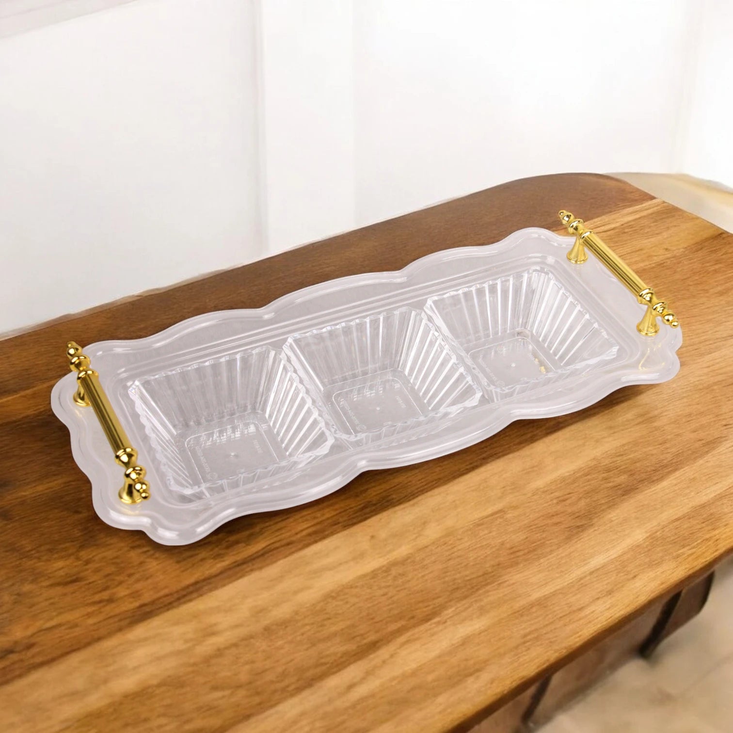 Damoo Clear Acrylic Snack Tray with Lid and 3 Sections – Elegant Serving Dish with Gold Handles for Sweets, Nuts, and Dates - Damoo