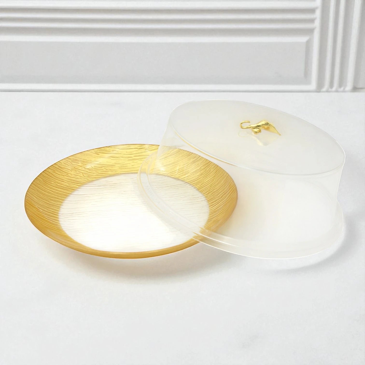 Damoo Clear Round Cake Box with Gold Handle – Elegant Dessert Display Container with Textured Dome Cover for Cakes, Pastries & Treats - Damoo