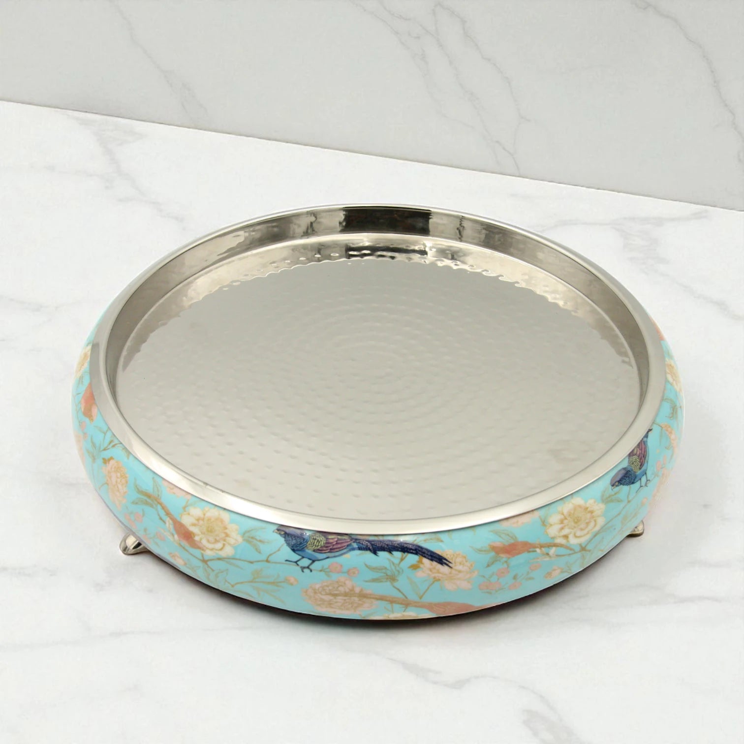 Damoo Decorative Wooden Tray with Bird & Floral Print – Blue Serving Tray with Hammered Metal Top & Elegant Footed Base - Damoo