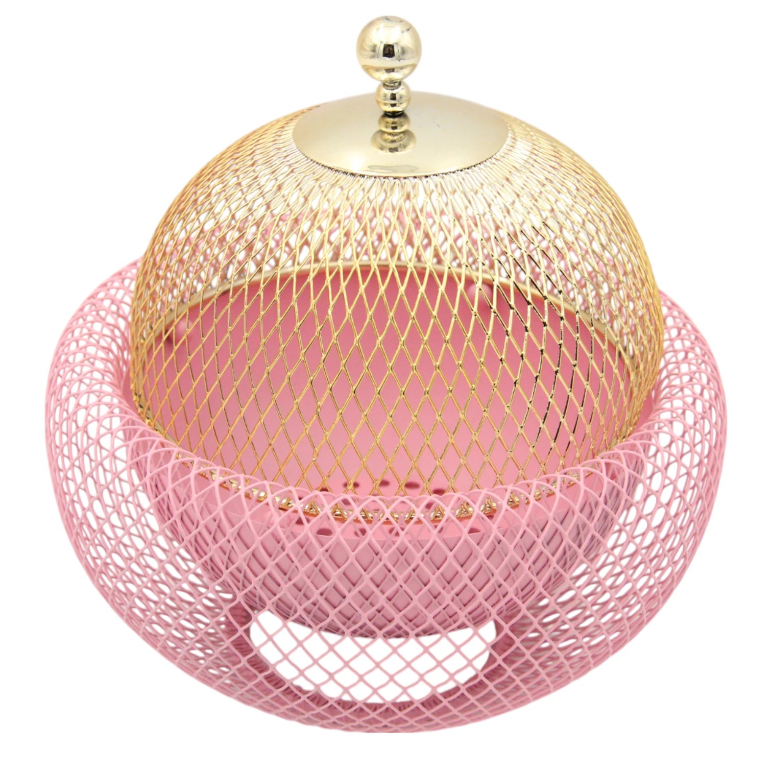 Damoo Durable Gold & Pink Snack Tray with Protective Metal Mesh Cover – Shatter-Resistant Base & Insect-Proof Dome for Fruit, Pastry & Dessert Serving - Damoo