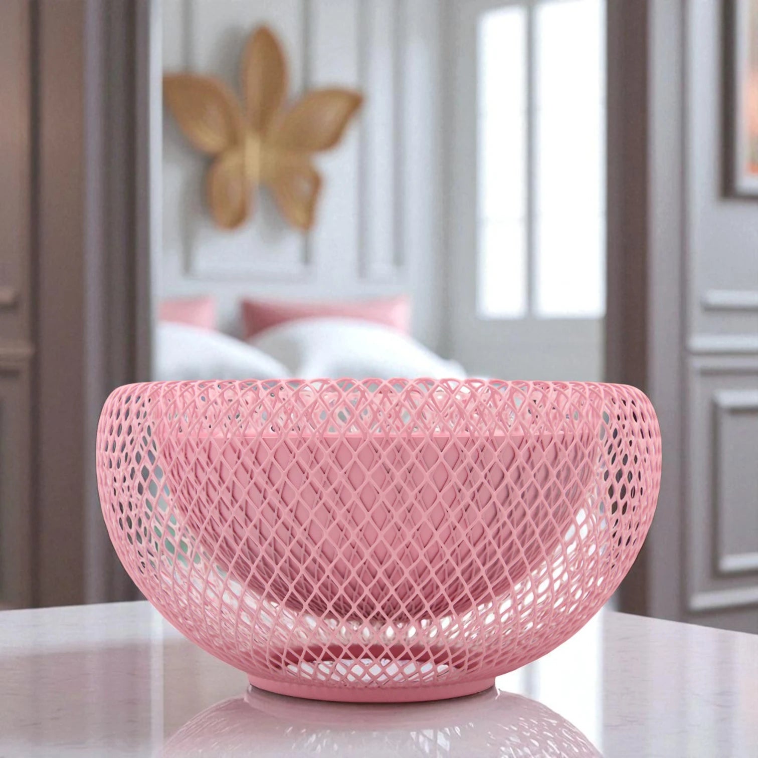 Damoo Durable Gold & Pink Snack Tray with Protective Metal Mesh Cover – Shatter-Resistant Base & Insect-Proof Dome for Fruit, Pastry & Dessert Serving - Damoo