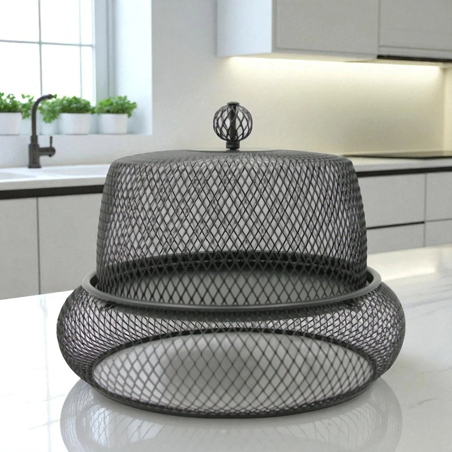 Damoo Durable Snack Tray with Protective Metal Mesh Cover – Shatter-Resistant Base & Insect-Proof Dome for Fruit, Pastry & Dessert Serving - Damoo