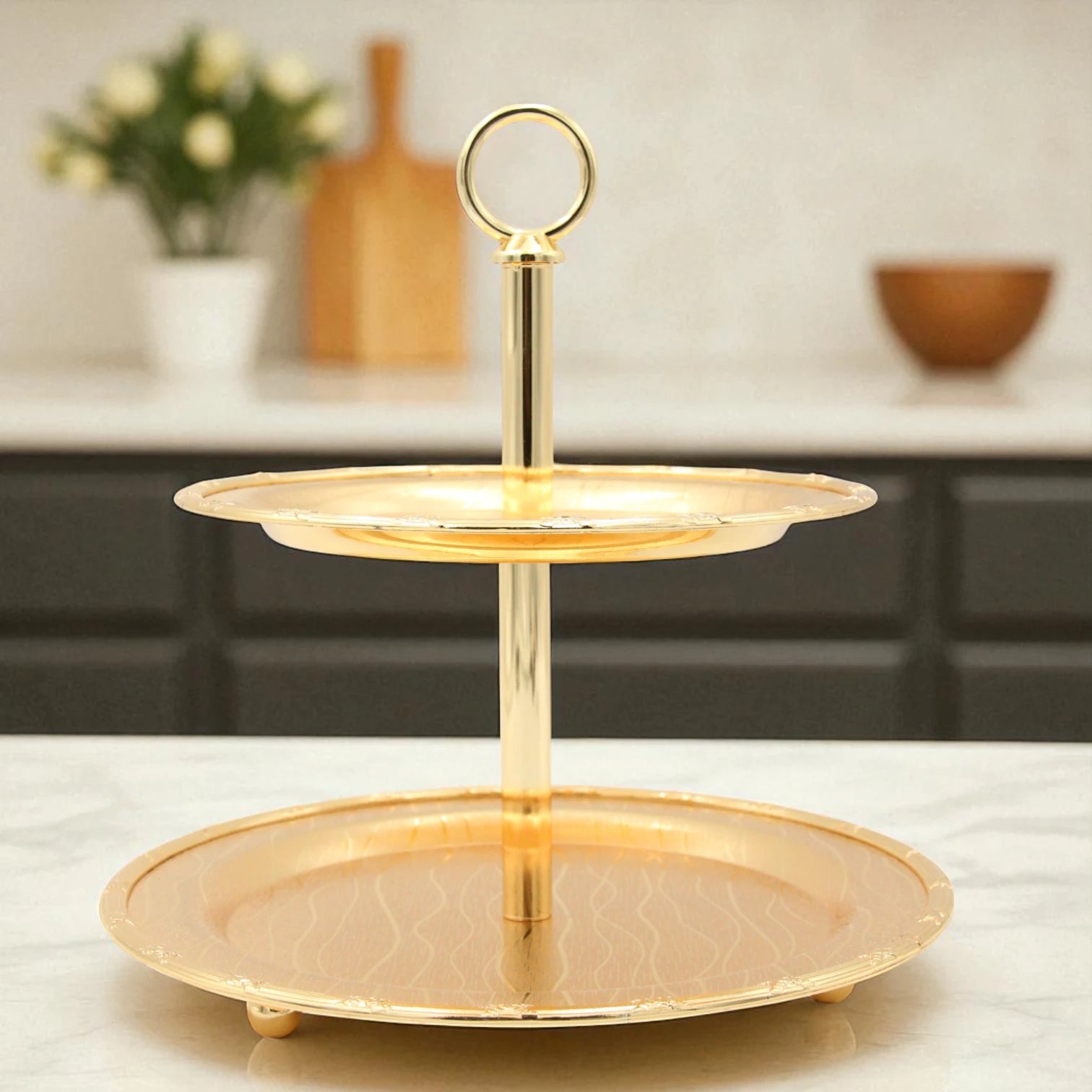 Damoo Elegant 2-Tier Gold Dessert Stand – Round Metal Serving Tray for Sweets, Cupcakes, Pastries & Dates – Tiered Display Platter for Ramadan, Parties & Weddings - Damoo