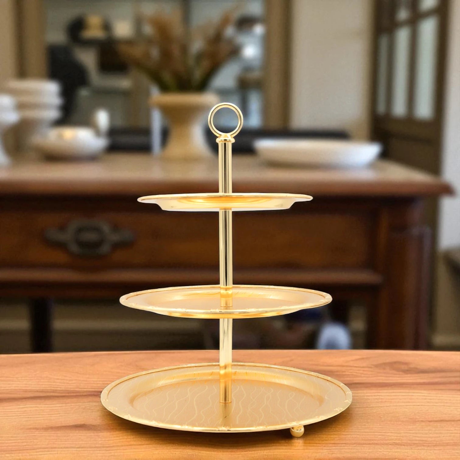 Damoo Elegant 3-Tier Gold Dessert Stand – Round Metal Serving Tray for Sweets, Cupcakes, Pastries & Dates – Tiered Display Platter for Ramadan, Parties & Weddings - Damoo