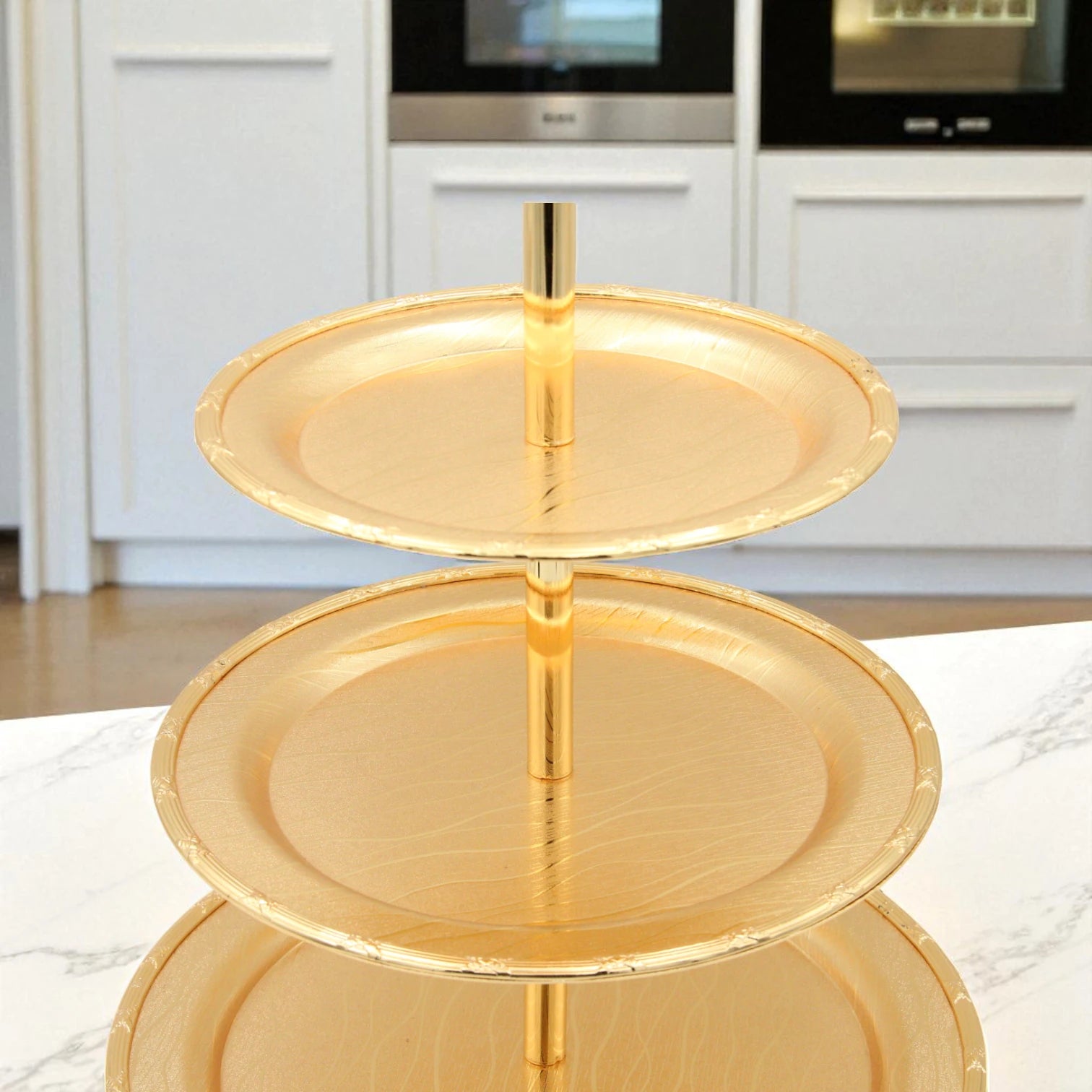 Damoo Elegant 3-Tier Gold Dessert Stand – Round Metal Serving Tray for Sweets, Cupcakes, Pastries & Dates – Tiered Display Platter for Ramadan, Parties & Weddings - Damoo