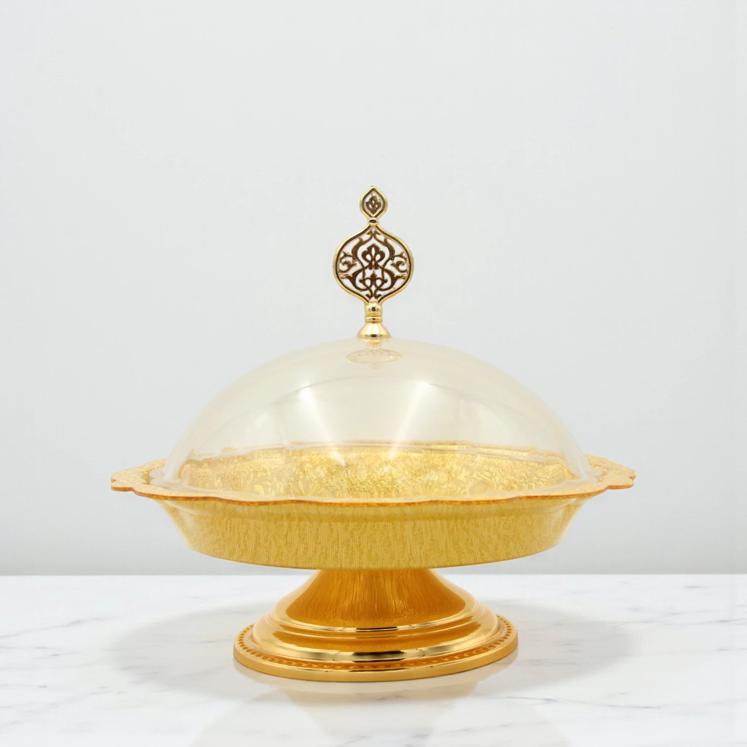 Damoo Elegant Gold-Plated Round Serving Tray with Dome Lid – Decorative Dessert Stand for Sweets, Dates & Pastries - Damoo
