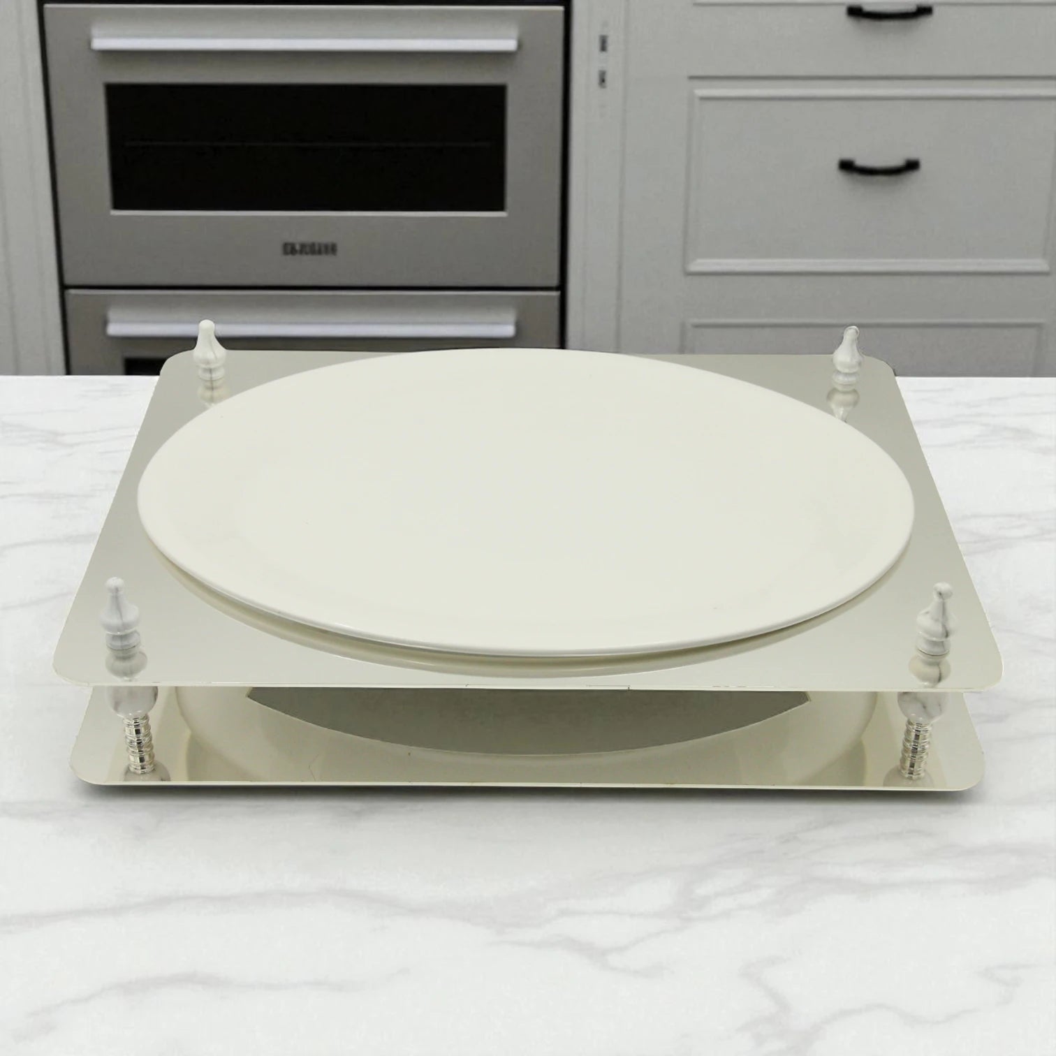 Damoo Elegant Oval Sweet Tray with White Porcelain Plate and Silver Decorative Base – Luxury Dessert & Snack Display Stand for Home, Ramadan & Special Events - Damoo