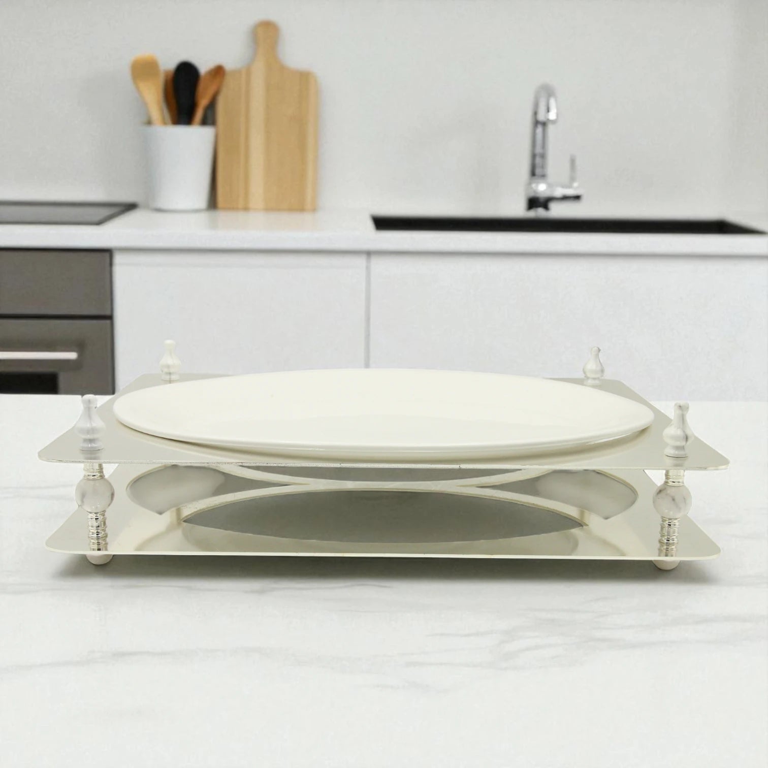 Damoo Elegant Oval Sweet Tray with White Porcelain Plate and Silver Decorative Base – Luxury Dessert & Snack Display Stand for Home, Ramadan & Special Events - Damoo
