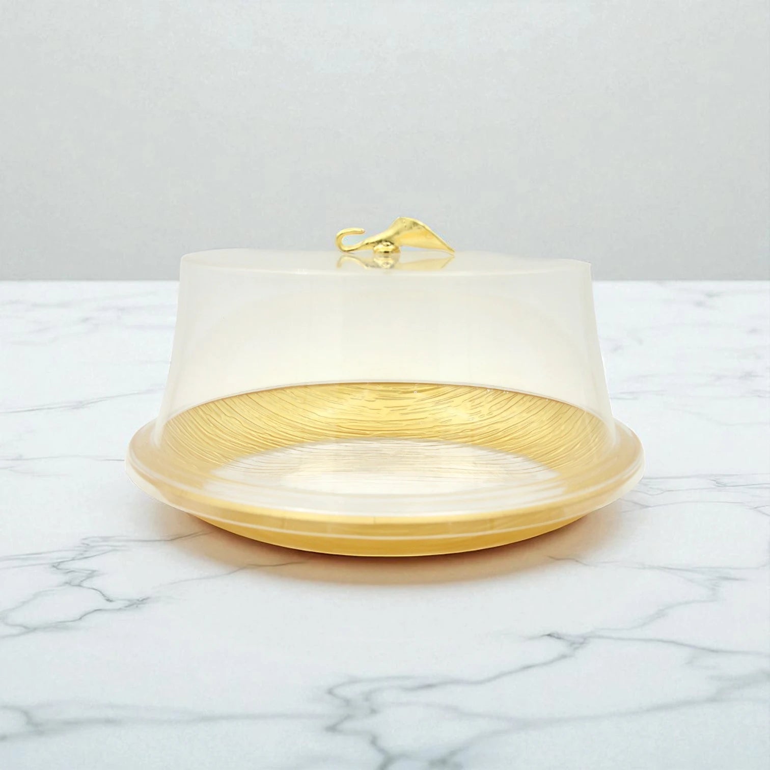 Damoo Elegant Textured Acrylic Cake Stand with Dome Lid – Clear Round Dessert Display Tray with Golden Handle – Perfect for Cakes, Pastries, Cheese & Snacks - Damoo