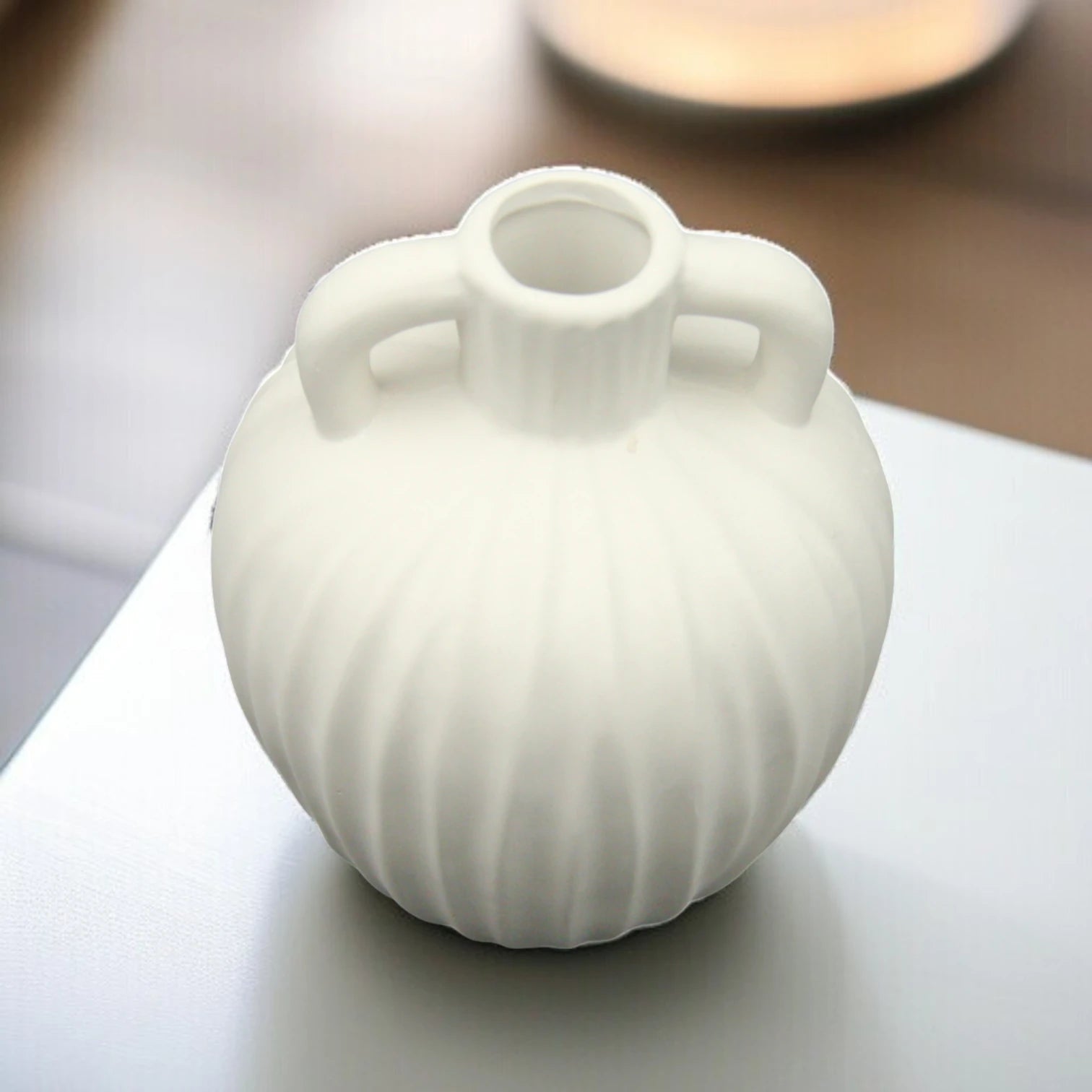 Damoo Elegant White Ceramic Flower Vase with Double Handles – Ribbed Matte Finish for Artificial or Fresh Floral Arrangements, Home & Office Decor - Damoo