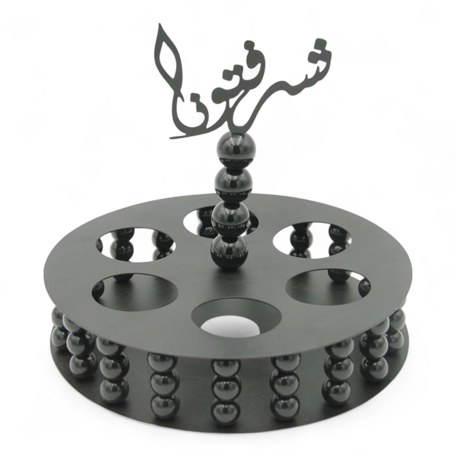 Damoo Elegant White Wooden Cup Holder Tray with Arabic Calligraphy – Decorative Circular Display Stand for Coffee, Juice, or Dessert Glasses - Damoo