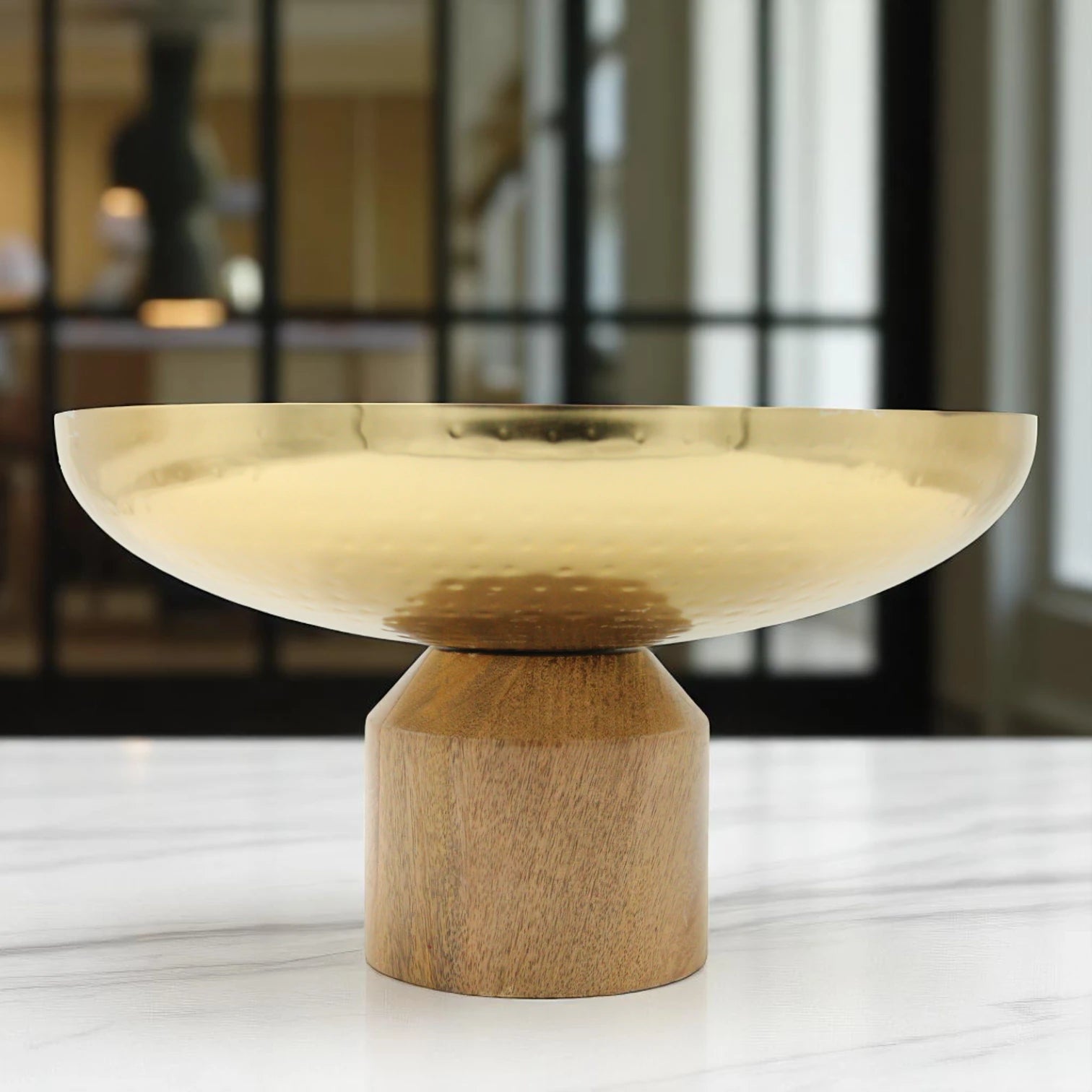 Damoo Gold Hammered Metal Bowl with Natural Wood Base – Elegant Round Decorative Dish for Serving, Dates & Sweets - Damoo