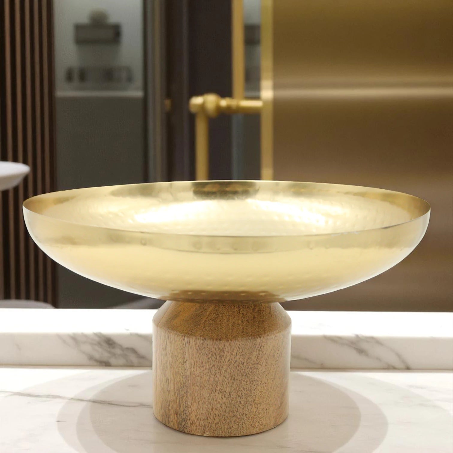 Damoo Gold Hammered Metal Bowl with Natural Wood Base – Elegant Round Decorative Dish for Serving, Dates & Sweets - Damoo