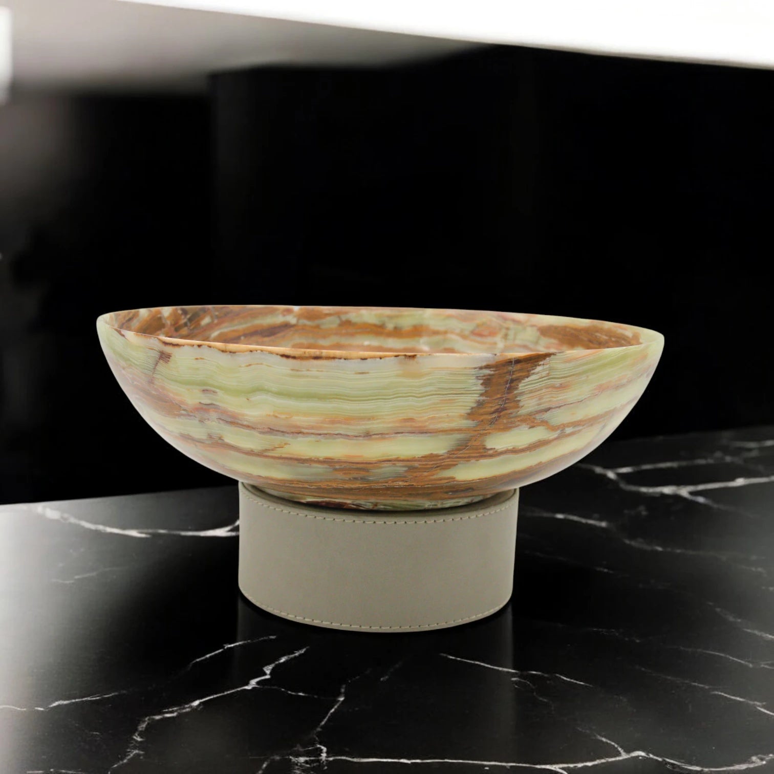 Damoo Handcrafted Natural Beige Marble Decorative Bowl with White Faux Leather Base – Luxury Stone for Coffee Table, Kitchen, or Office Decor - Damoo