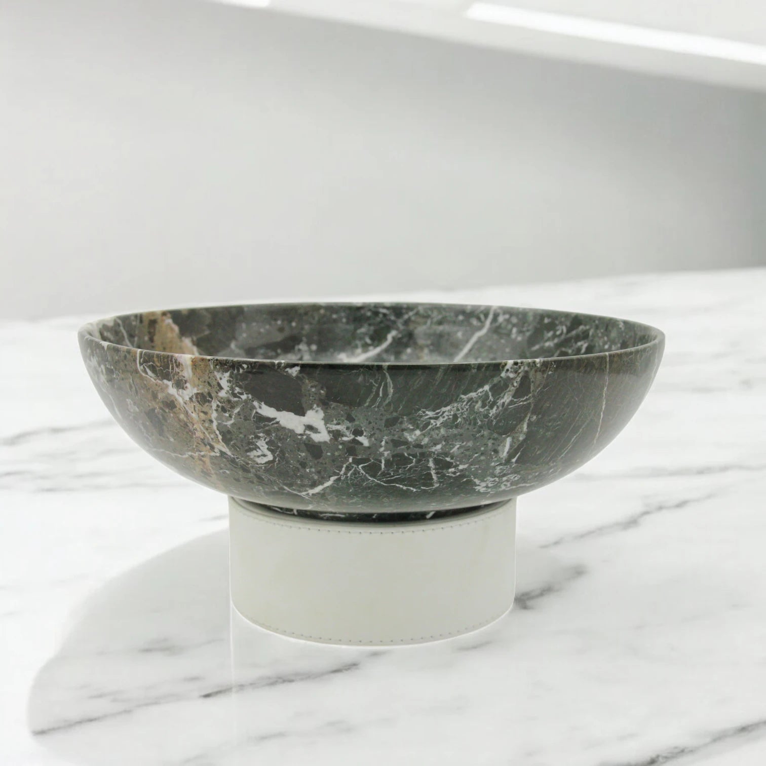 Damoo Handcrafted Natural Beige Marble Decorative Bowl with White Faux Leather Base – Luxury Stone for Coffee Table, Kitchen, or Office Decor - Damoo