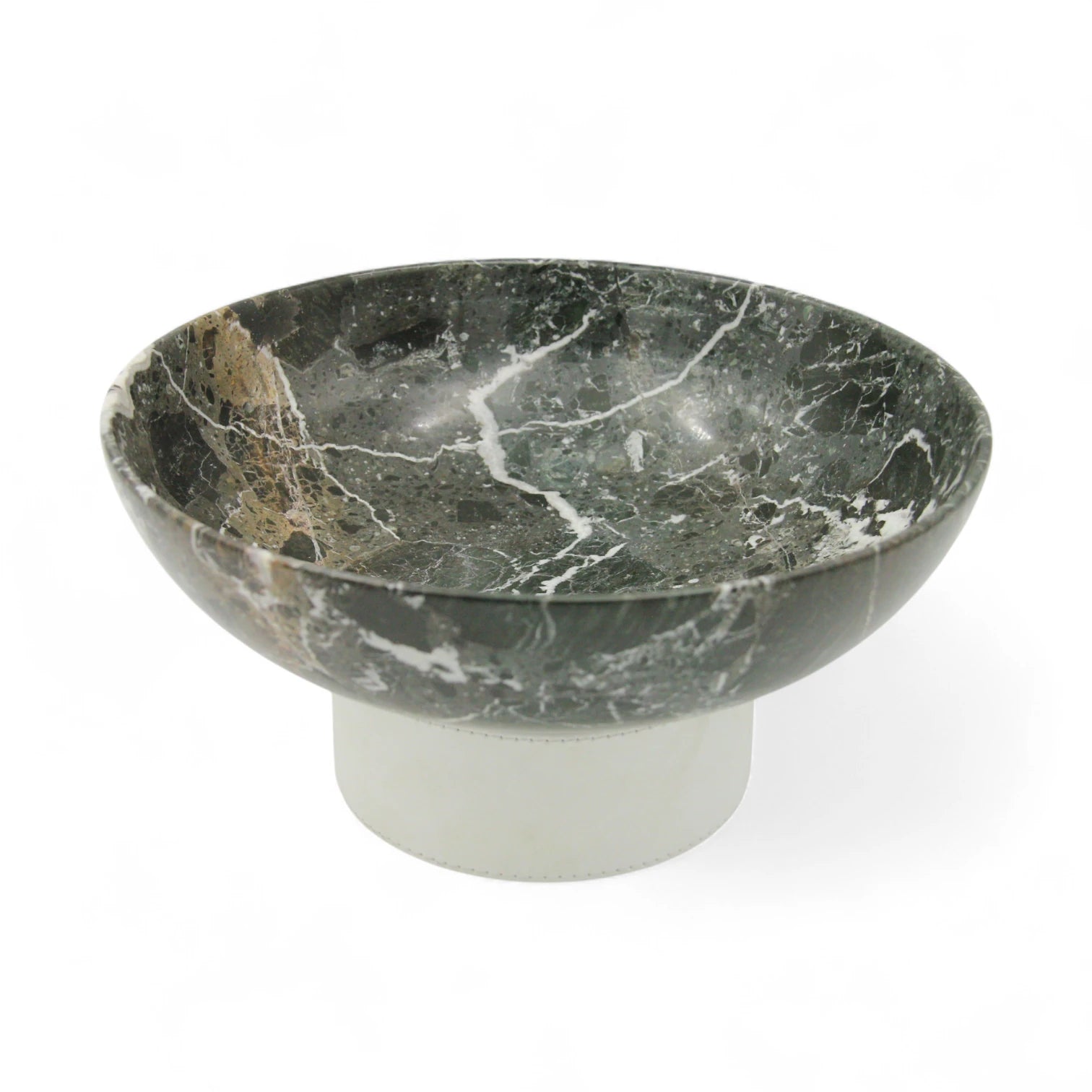 Damoo Handcrafted Natural Beige Marble Decorative Bowl with White Faux Leather Base – Luxury Stone for Coffee Table, Kitchen, or Office Decor - Damoo