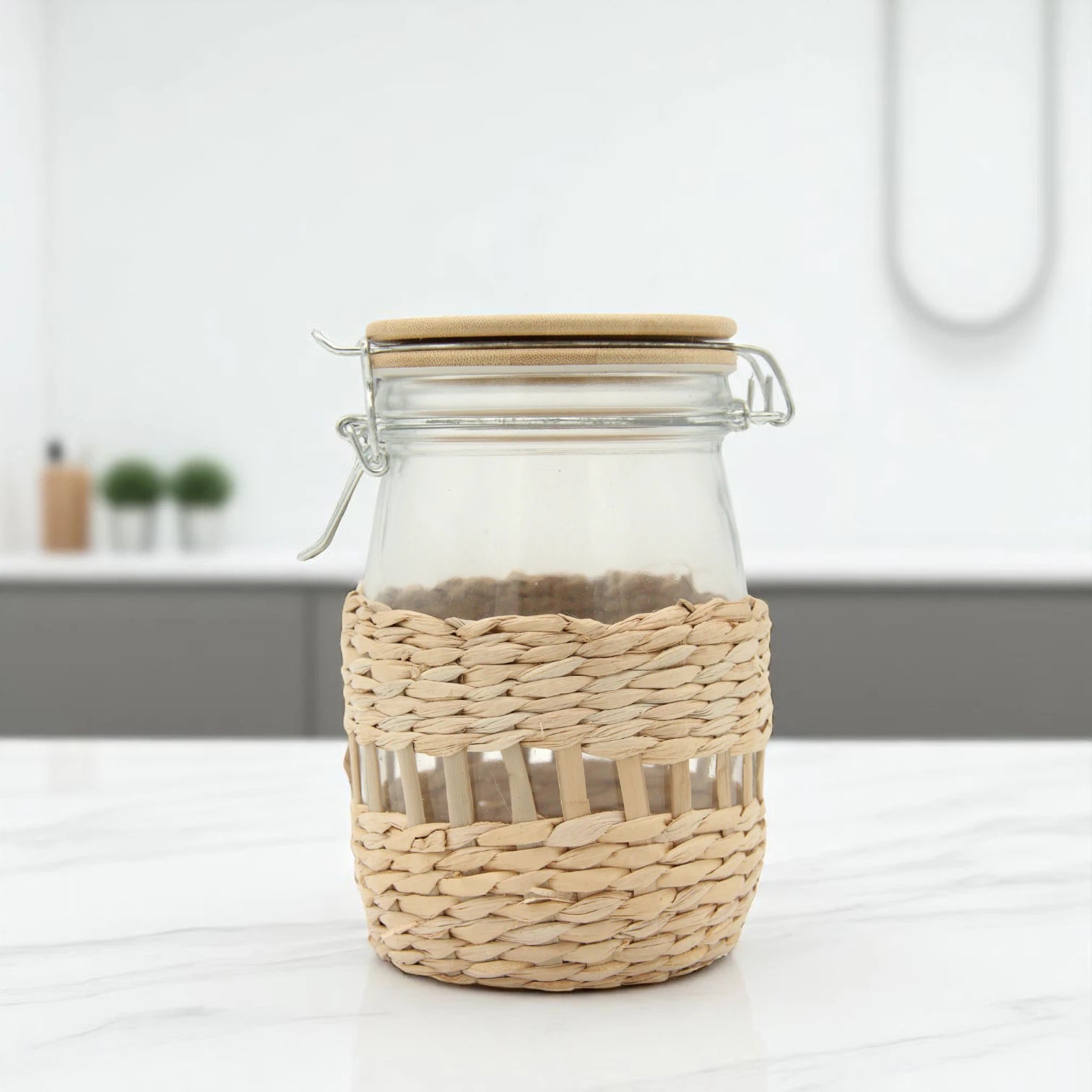 Damoo Handwoven Rattan Glass Storage Jar with Bamboo Lid – Eco-Friendly Airtight Container for Kitchen & Home Decor - Damoo