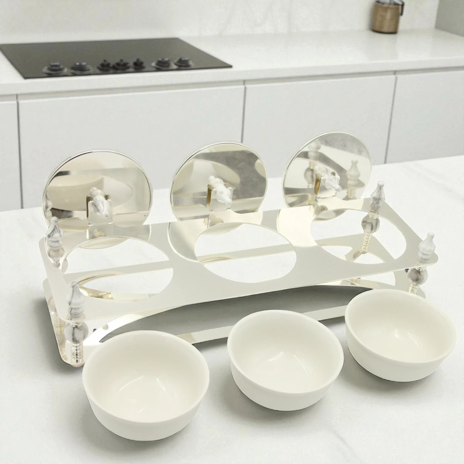 Damoo Luxury 3-Section Candy Jar Tray with Decorative Mirrors and Silver Base – Elegant Display Dish for Dates, Sweets & Nuts – Perfect for Ramadan, Eid & Home Hosting - Damoo