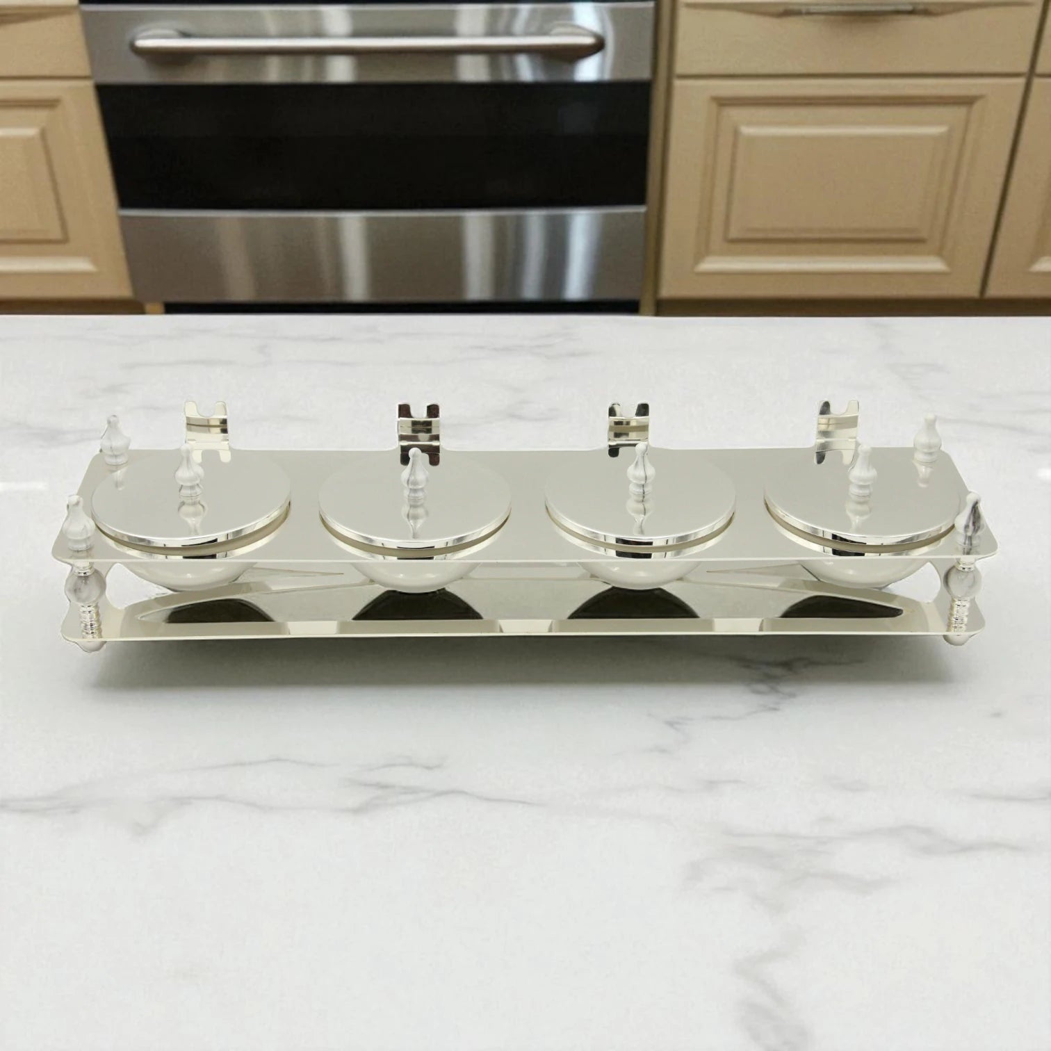 Damoo Luxury 4-Section Candy Jar Tray with Mirrors and Silver Accents – Elegant Decorative Dish Set for Dates, Nuts, Sweets & Ramadan Hosting Display - Damoo