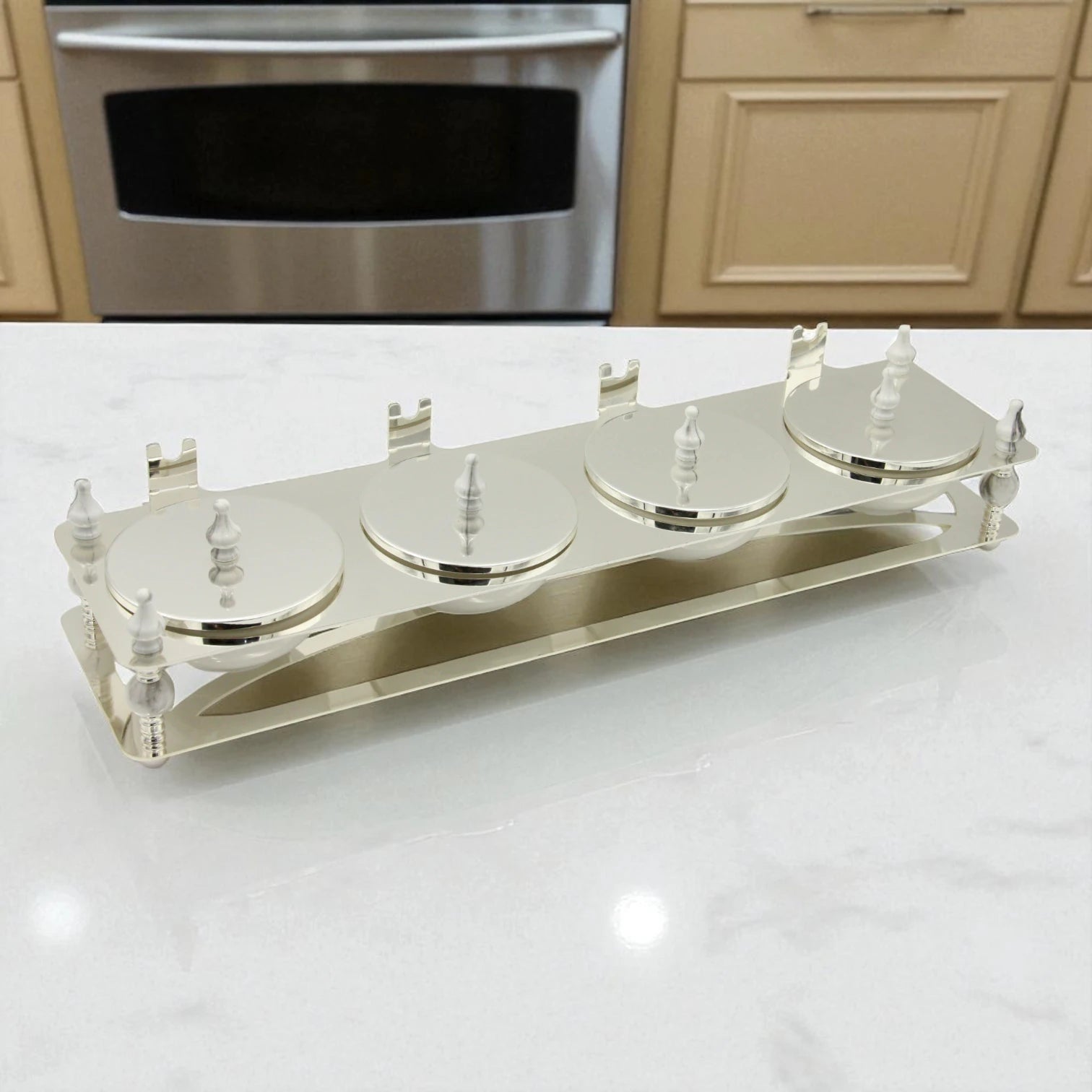 Damoo Luxury 4-Section Candy Jar Tray with Mirrors and Silver Accents – Elegant Decorative Dish Set for Dates, Nuts, Sweets & Ramadan Hosting Display - Damoo