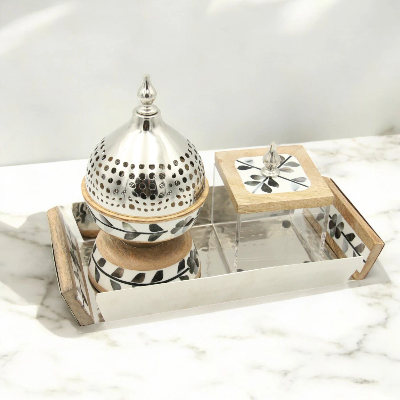 Damoo Luxury Bakhour Gift Set – Wooden Acrylic Tray with Oud Burner & Storage Box – Elegant Arabic Incense Set for Home, Majlis & Gifting - Damoo
