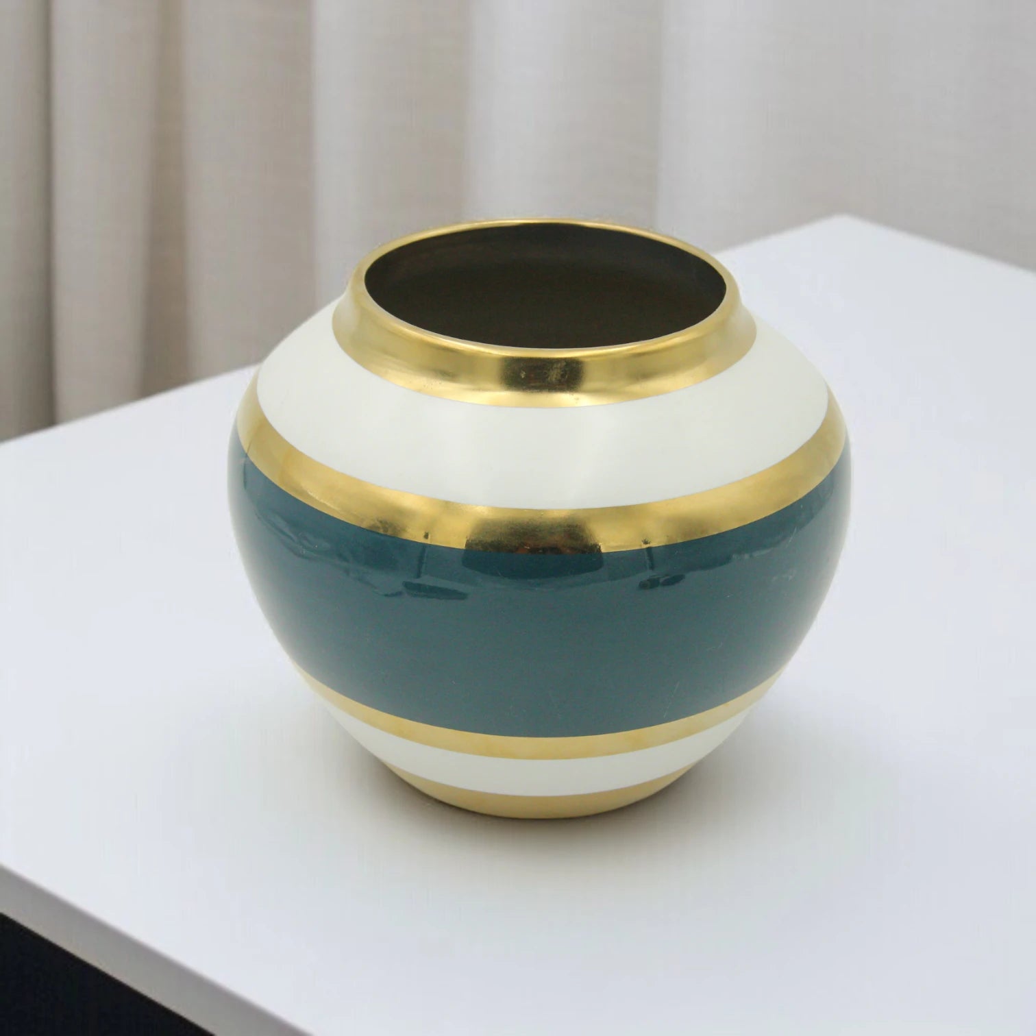 Damoo Luxury Ceramic Flower Pot with Gold & Navy Blue Bands – Elegant Round Vase for Table Centerpieces & Home Décor - Damoo