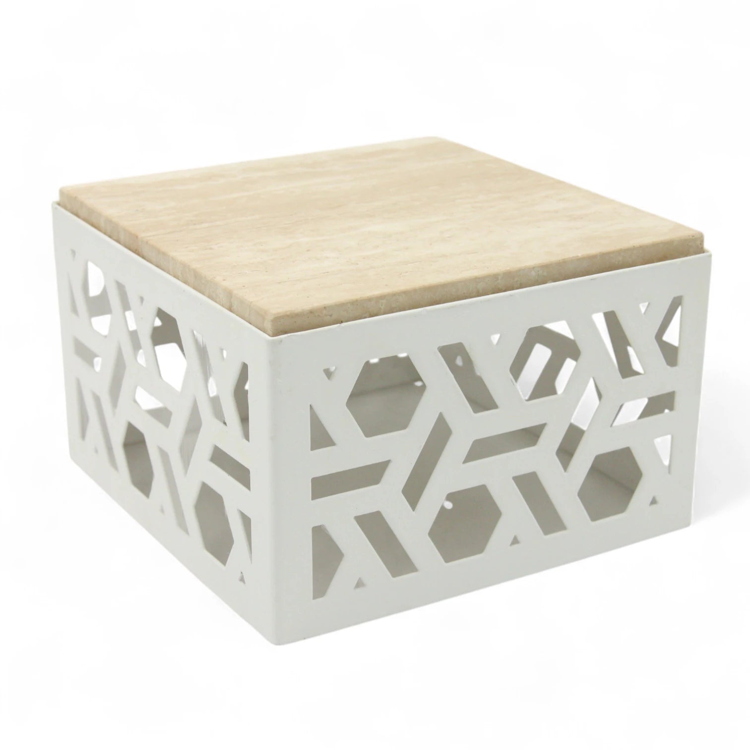 Damoo Luxury Decorative Storage Box with Marble Top – 20x20 cm | Geometric Laser-Cut Metal Design | Elegant Home Organizer - Damoo