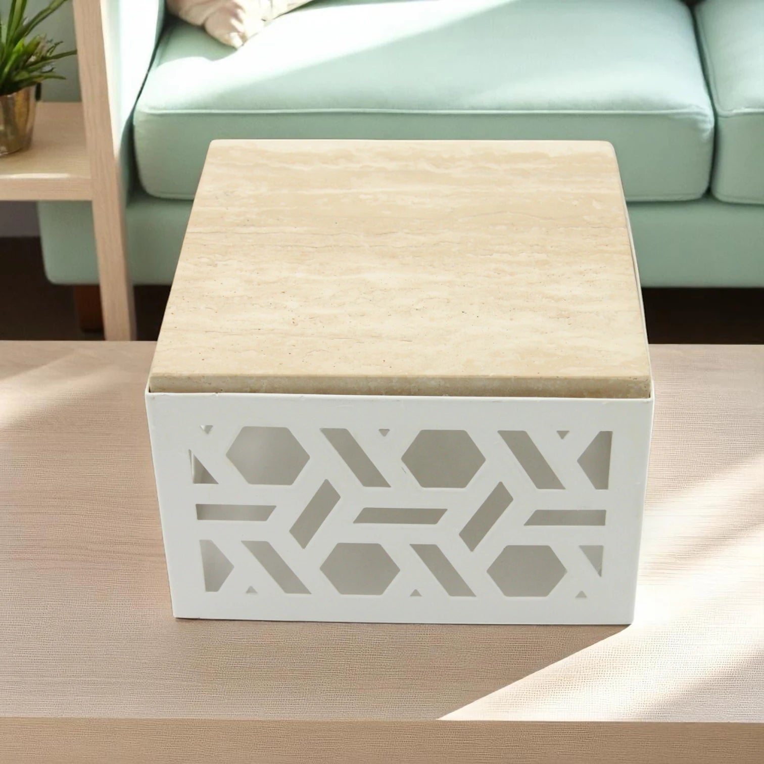 Damoo Luxury Decorative Storage Box with Marble Top – 20x20 cm | Geometric Laser-Cut Metal Design | Elegant Home Organizer - Damoo