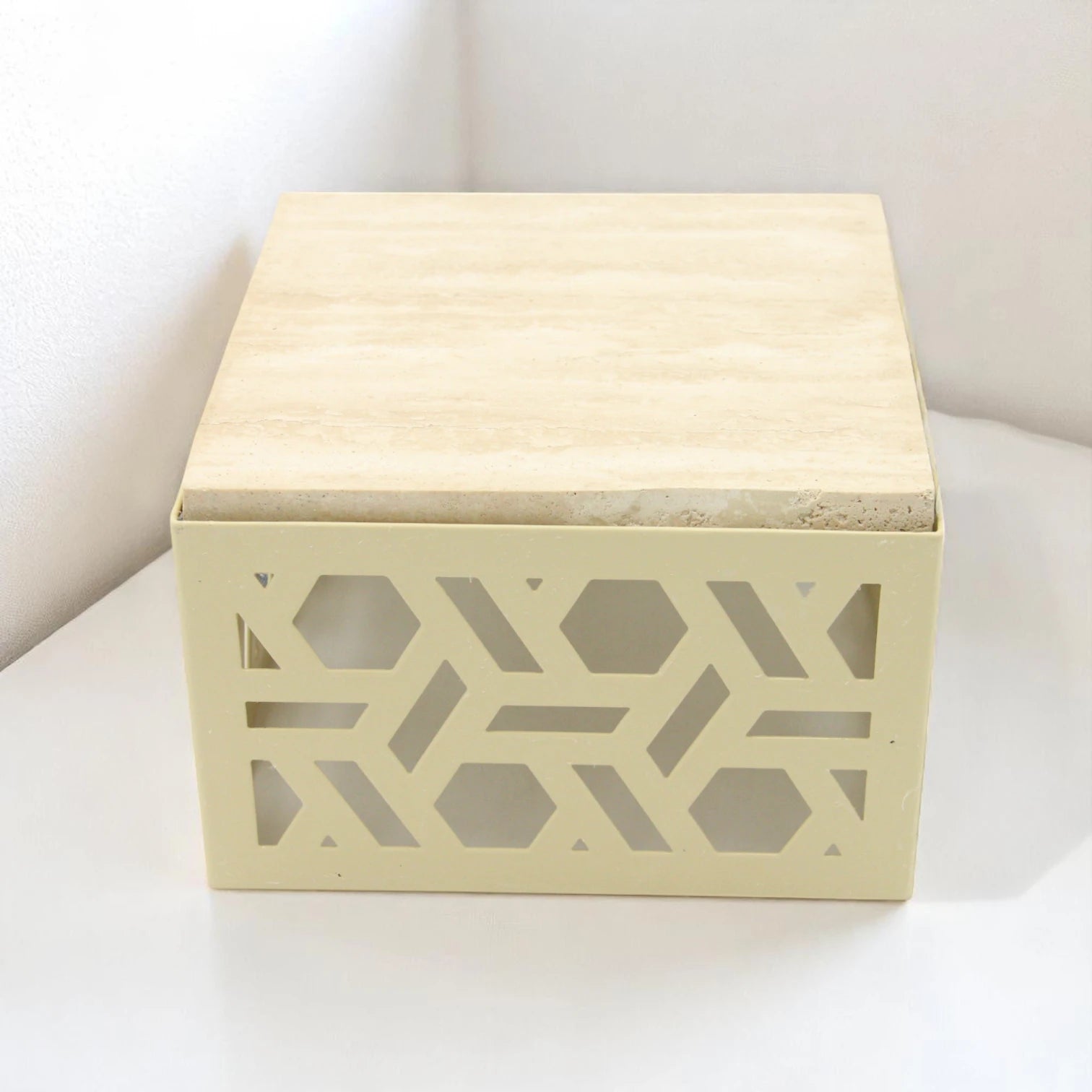 Damoo Luxury Decorative Storage Box with Marble Top – 25x25 cm | Geometric Laser-Cut Metal Design | Elegant Home Organizer - Damoo