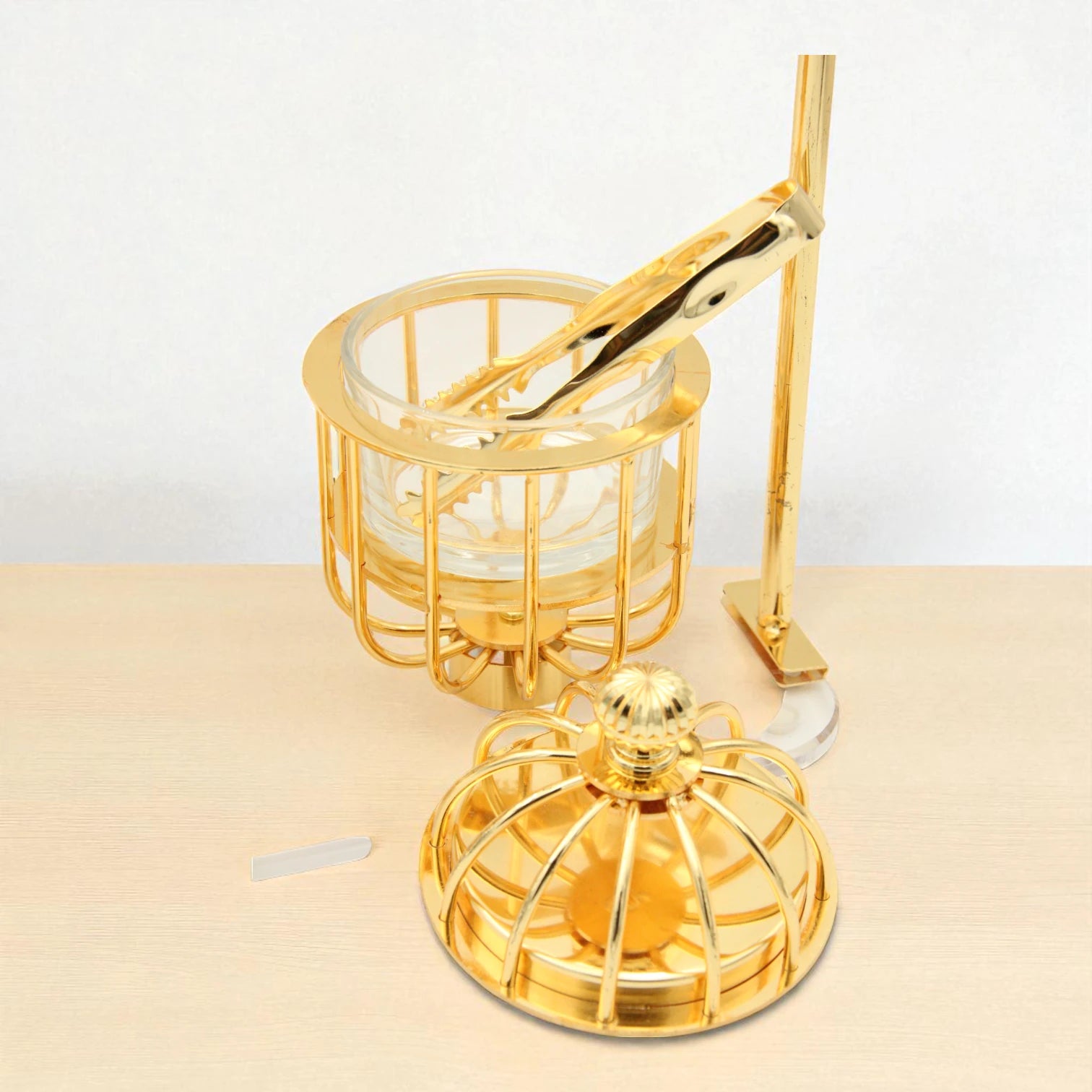 Damoo Luxury Gold Cage-Style Mabkhara Incense Burner with Bakhoor Spoon – Elegant Arabic Bukhoor Stand for Majlis, Ramadan & Gifting - Damoo