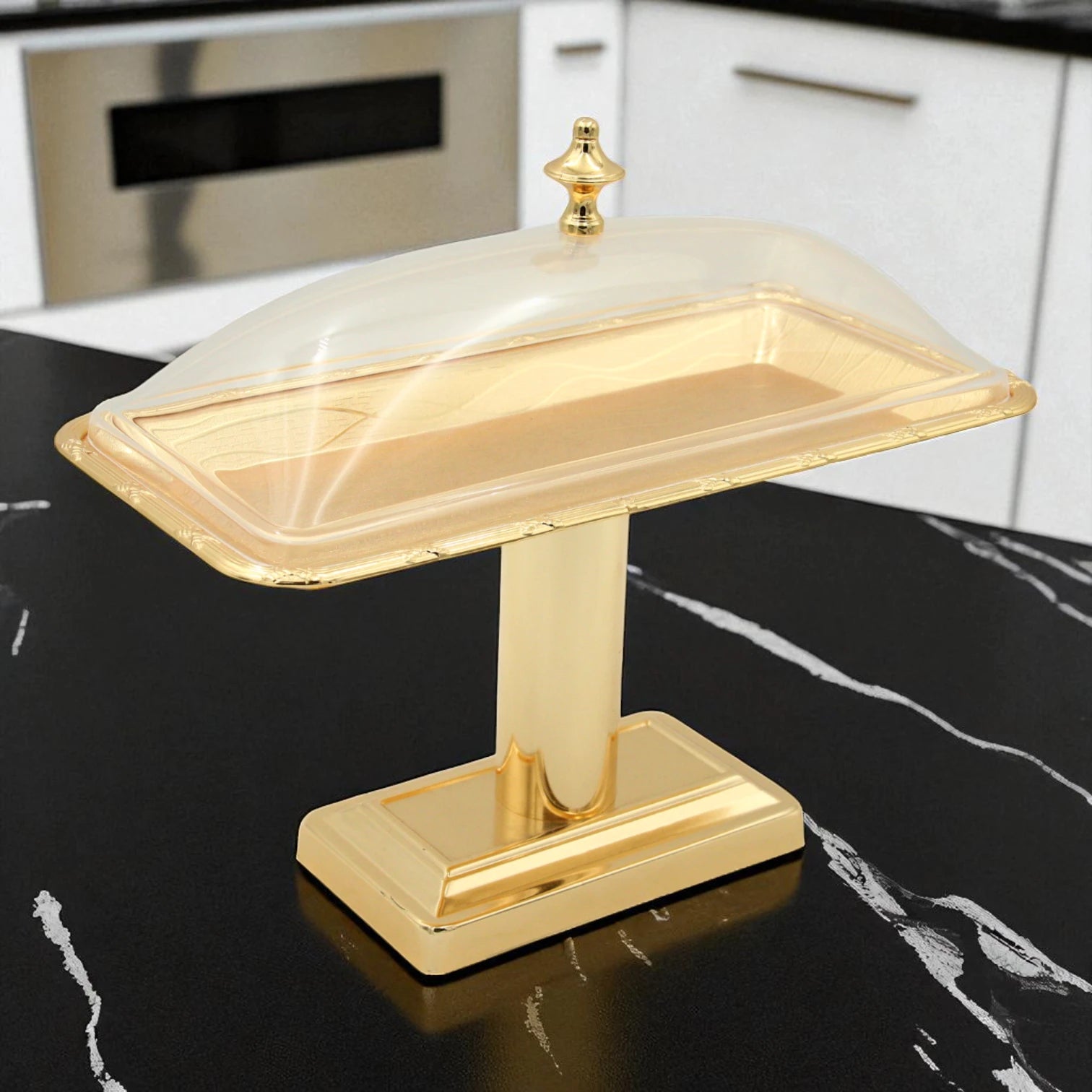 Damoo Luxury Gold Pedestal Sweet Tray with Clear Lid – Elegant Covered Dessert Stand for Serving Pastries, Dates & Treats - Damoo