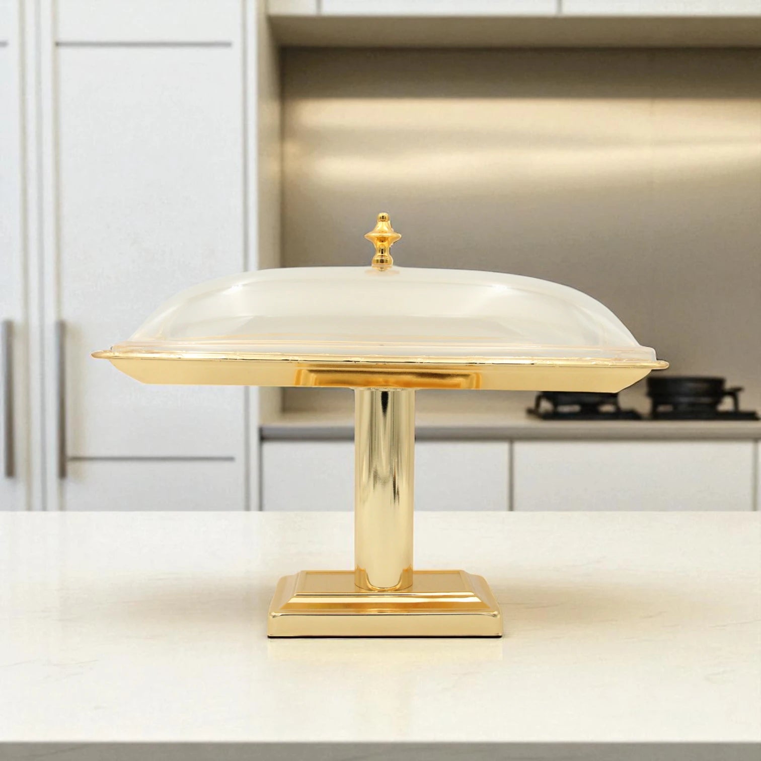 Damoo Luxury Gold-Plated Buffet Stand with Clear Dome Cover – Elegant Rectangular Food Display Tray for Events, Parties & Home Serving - Damoo